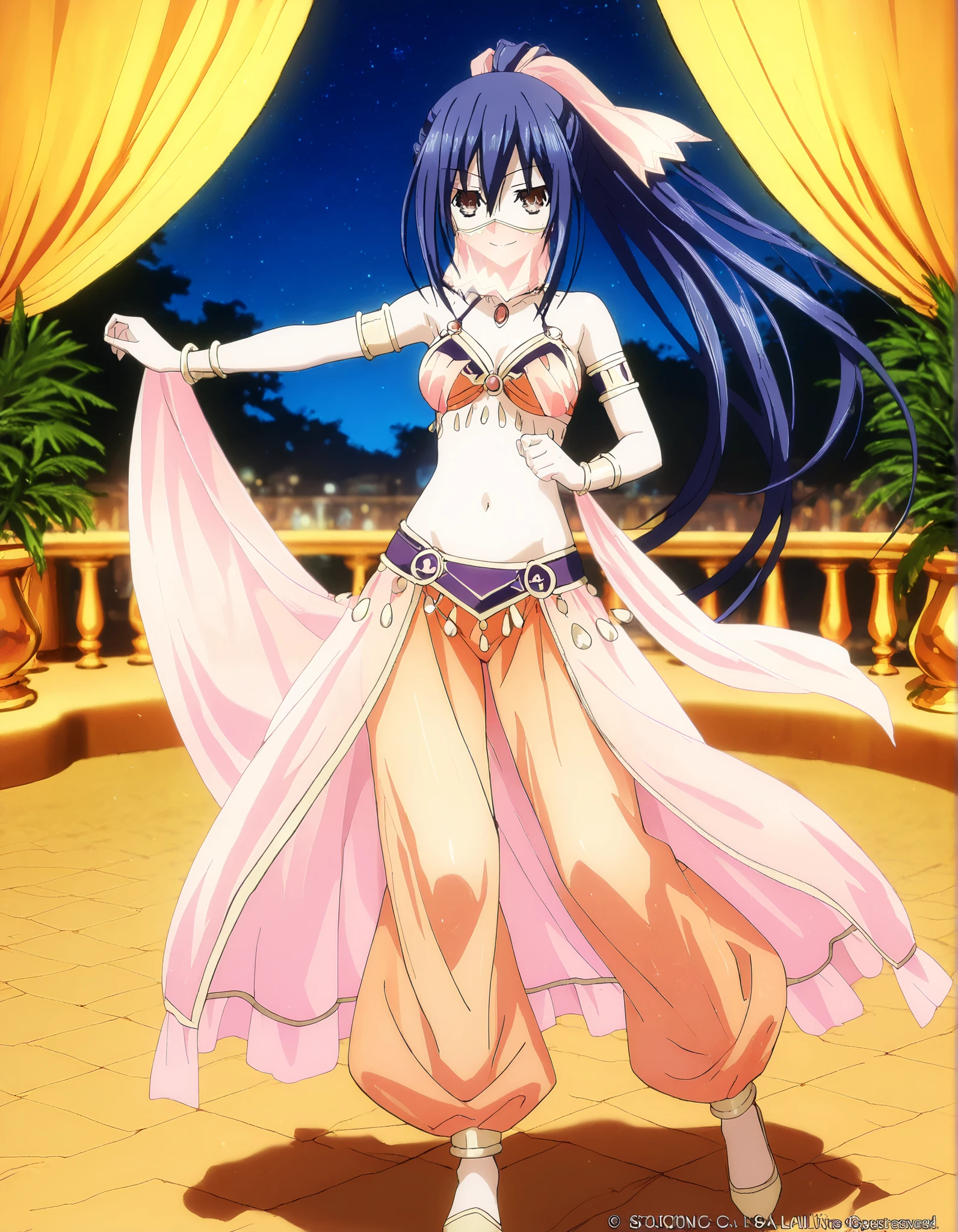 (1girl:1 . 5) , (Seul:1 . 5) , score_9 , score_8_haut , score_7_haut , source_anime , Official work , ultra-detailed , masterpiece , best quality , high resolution , beaux yeux , detailed eyes , Detailed face , beautiful detailed eyes,1girl,long hair, hair between eyes, brown eyes, blue hair, ponytail, sidelocks,Date A Live,Mana Takamiya,Arabian Clothes , Arabian Dancer Outfit ,belly dancer costume,belly dancer outfit ,full body,golden jewelery,mouth veil,armlet, belly dancing,night,arabian garden,seductive smile, dancing with veil, dynamic movement,dance posture, seductive pose