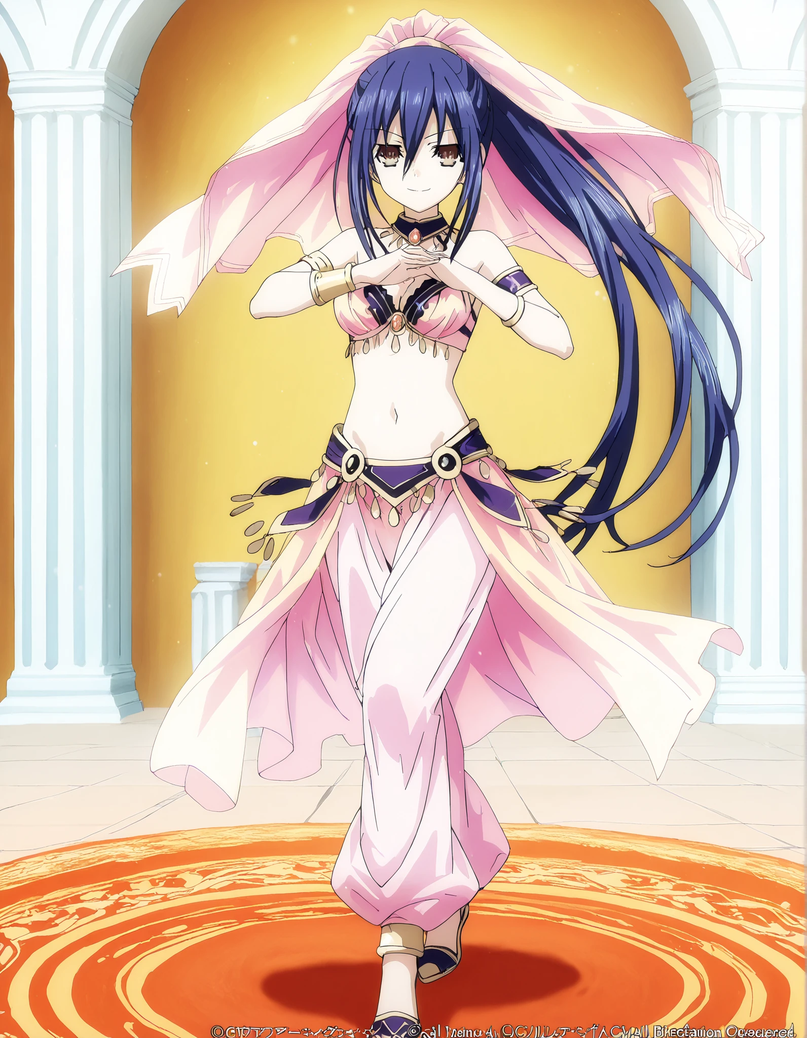 (1girl:1 . 5) , (Seul:1 . 5) , score_9 , score_8_haut , score_7_haut , source_anime , Official work  , ultra-detailed , masterpiece , best quality , high resolution , beaux yeux , detailed eyes , Detailed face , beautiful detailed eyes,1girl,long hair, hair between eyes, brown eyes, blue hair, ponytail, sidelocks,Date A Live,Mana Takamiya,Arabian Clothes , Arabian Dancer Outfit ,belly dancer costume,belly dancer outfit ,full body,golden jewelery,armlet, belly dancing,arabian garden,seductive smile, dancing with veil, dynamic movement,dance posture, seductive pose