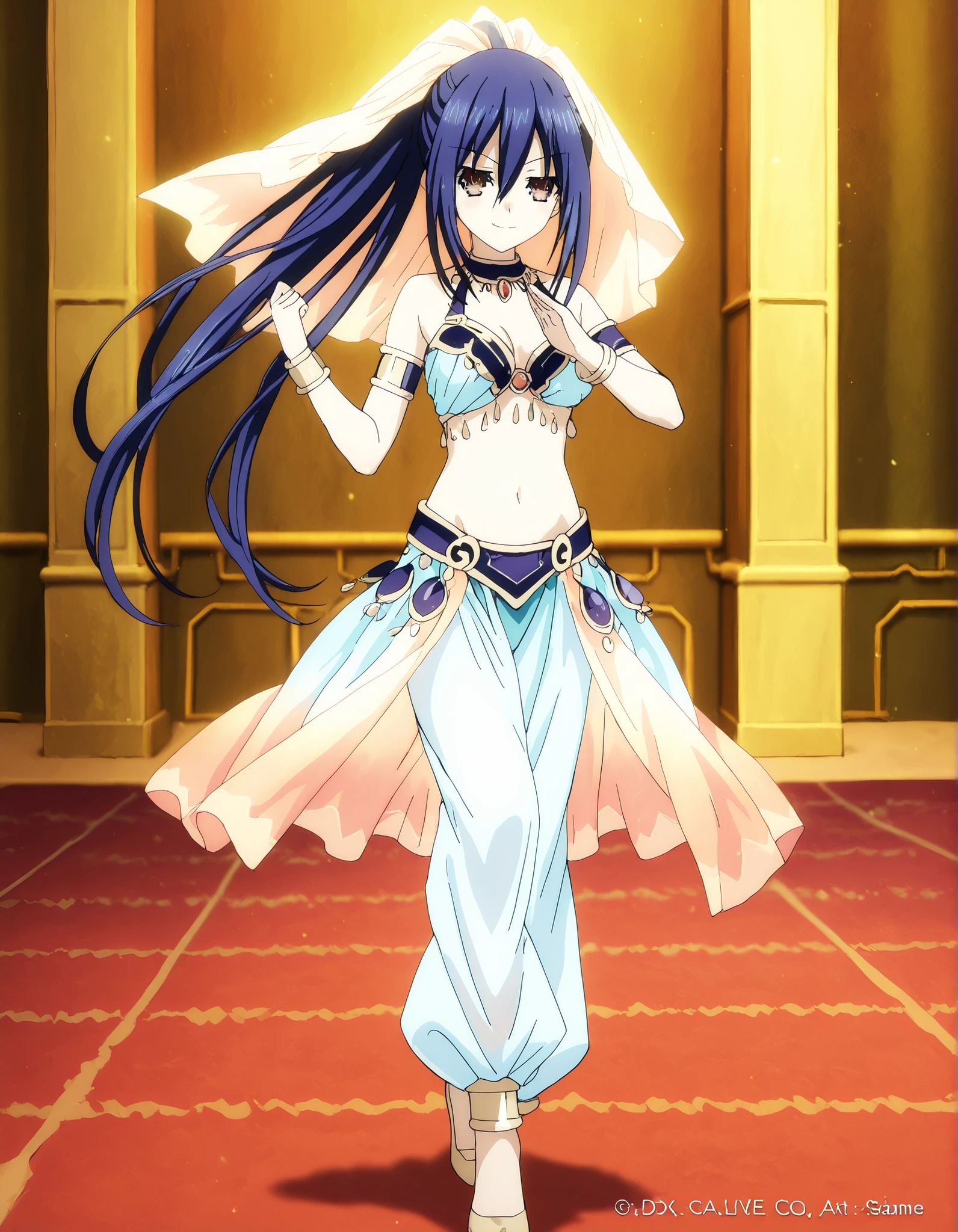 (1girl:1 . 5) , (Seul:1 . 5) , score_9 , score_8_haut , score_7_haut , source_anime , Official work  , ultra-detailed , masterpiece , best quality , high resolution , beaux yeux , detailed eyes , Detailed face , beautiful detailed eyes,1girl,long hair, hair between eyes, brown eyes, blue hair, ponytail, sidelocks,Date A Live,Mana Takamiya,Arabian Clothes , Arabian Dancer Outfit ,belly dancer costume,belly dancer outfit ,full body,golden jewelery,armlet, belly dancing,arabian garden,seductive smile, dancing with veil, dynamic movement,dance posture, seductive pose