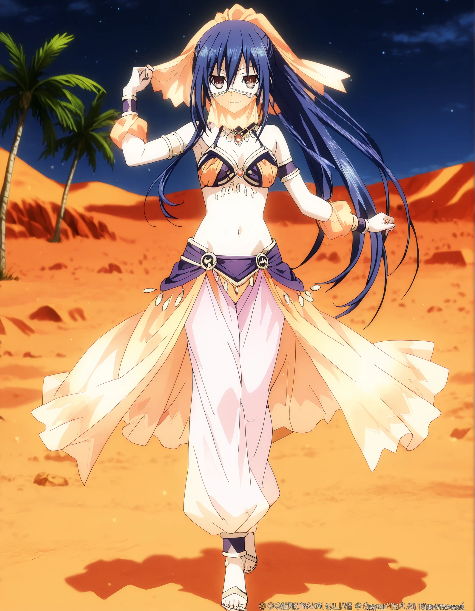 (1girl:1 . 5) , (Seul:1 . 5) , score_9 , score_8_haut , score_7_haut , source_anime , Official work , ultra-detailed , masterpiece , best quality , high resolution , beaux yeux , detailed eyes , Detailed face , beautiful detailed eyes,1girl,long hair, hair between eyes, brown eyes, blue hair, ponytail, sidelocks,Date A Live,Mana Takamiya,Arabian Clothes , Arabian Dancer Outfit ,belly dancer costume,belly dancer outfit ,full body,golden jewelery,mouth veil,armlet, belly dancing,night,desert lands,palm tree,seductive smile, dancing with veil, dynamic movement,dance posture, seductive pose