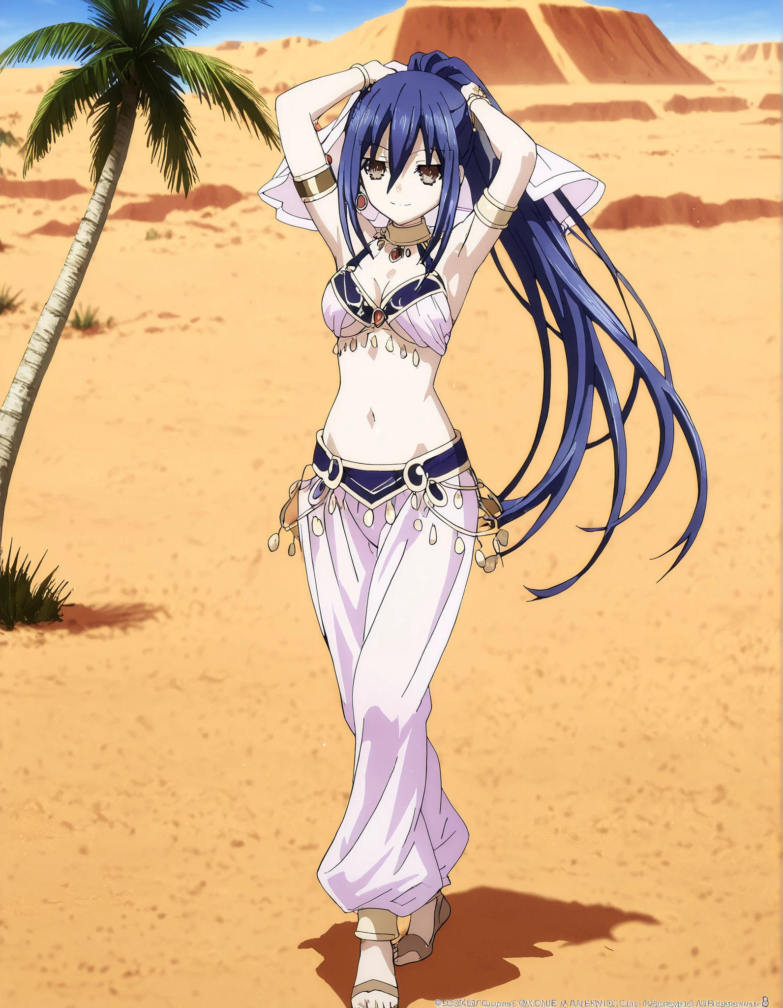 (1girl:1 . 5) , (Seul:1 . 5) , score_9 , score_8_haut , score_7_haut , source_anime , Official work  , ultra-detailed , masterpiece , best quality , high resolution , beaux yeux , detailed eyes , Detailed face , beautiful detailed eyes,1girl,long hair, hair between eyes, brown eyes, blue hair, ponytail, sidelocks,Date A Live,Mana Takamiya,Arabian Clothes , Arabian Dancer Outfit ,belly dancer costume,belly dancer outfit ,full body,golden jewelery,armlet, belly dancing,desert lands,palm tree,seductive smile, dancing with veil, dynamic movement,dance posture, seductive pose