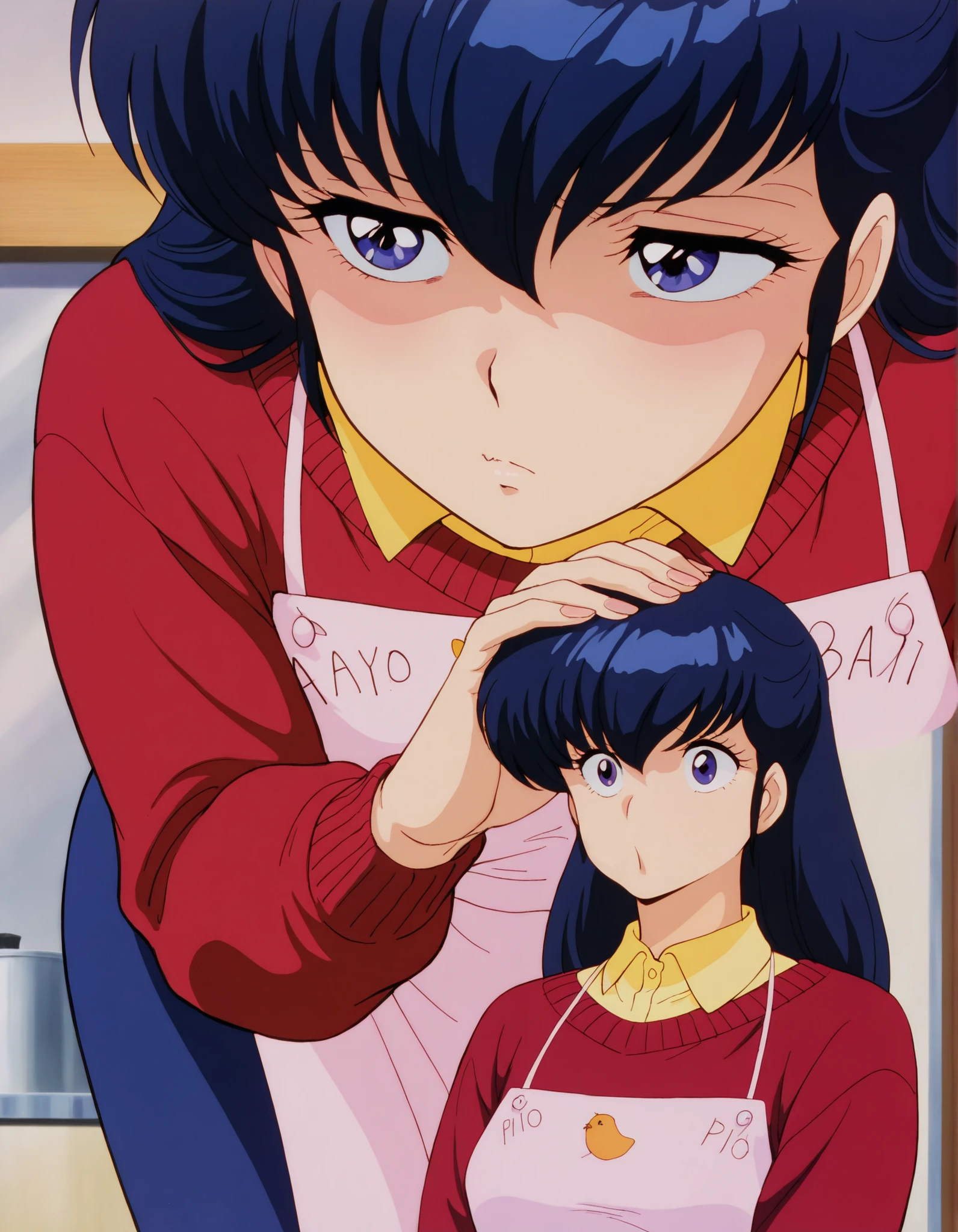 clean, {{scan}}, {{{masterpiece}}}, {{{high quality}}}, {{{animated}}}, anime colored, {{{official art}}}, perfect body, perfect face, extreme detail, perfect anatomy, intricate, (highly detailed), solo, 1girl ,(beautiful details:1.3), perfect eyes, perfect hands, masterpiece,best quality,amazing quality,、otonashi Kyoko, blue hair, long hair,  ,  best quality ,  Good quality   , ,Alone, ,, red sweater, yellow shirt under red sweater, blue long skirt, Apron , A annoying ,compassionate_  , sad Eyes blue shinny , cute _  jealous  , solo. Facing toward viewer, pom mouth 