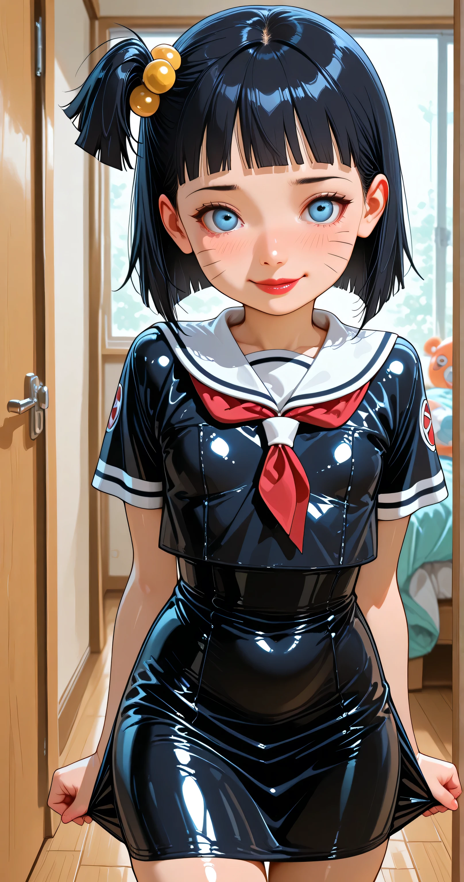 flat breasted、short black hair, blue eyes. one side up, Solo Girl, [Himawari Uzumaki . ((Junior elementary school)), cowboy shot, room, full face blush, Close your mouth, masterpiece、superior quality、無修正、low height. slight smile, red lipstick. flirty expression. Sexy diablesa red latex dress. Little girl with biker style. Casual pose with hands on the waist. alone. full body.