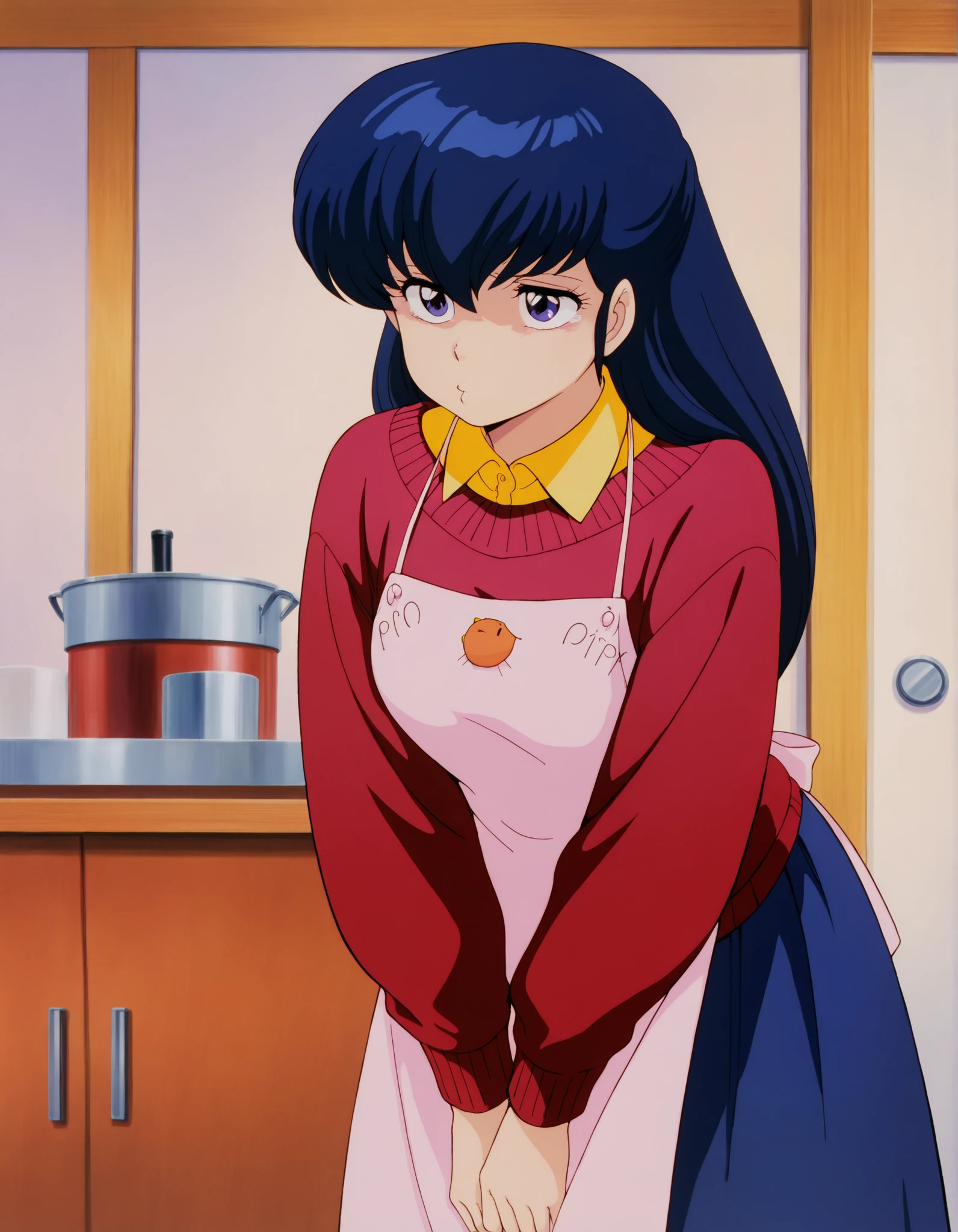 clean, {{scan}}, {{{masterpiece}}}, {{{high quality}}}, {{{animated}}}, anime colored, {{{official art}}}, perfect body, perfect face, extreme detail, perfect anatomy, intricate, (highly detailed), solo, 1girl ,(beautiful details:1.3), perfect eyes, perfect hands, masterpiece,best quality,amazing quality,、otonashi Kyoko, blue hair, long hair, , best quality , Good quality , ,Alone, ,, red sweater, yellow shirt under red sweater, blue long skirt, Apron , A annoying ,compassionate_ , sad Eyes blue shinny , cute _ jealous , solo. Facing toward viewer, pom mouth, cute