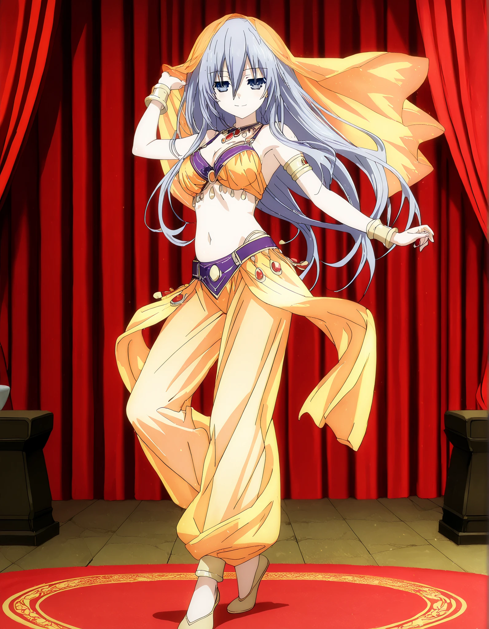 (1girl:1 . 5) , (Seul:1 . 5) , score_9 , score_8_haut , score_7_haut , source_anime , Official work , ultra-detailed , masterpiece , best quality , high resolution , beaux yeux , detailed eyes , Detailed face , beautiful detailed eyes,1girl,long hair, blue eyes, grey hair, hair between eyes,Date A Live,Mio Takamiya,Arabian Clothes , Arabian Dancer Outfit ,belly dancer costume,belly dancer outfit ,full body,golden jewelery,armlet, belly dancing,arabian theater,seductive smile, dancing with veil, dynamic movement,dance posture, seductive pose