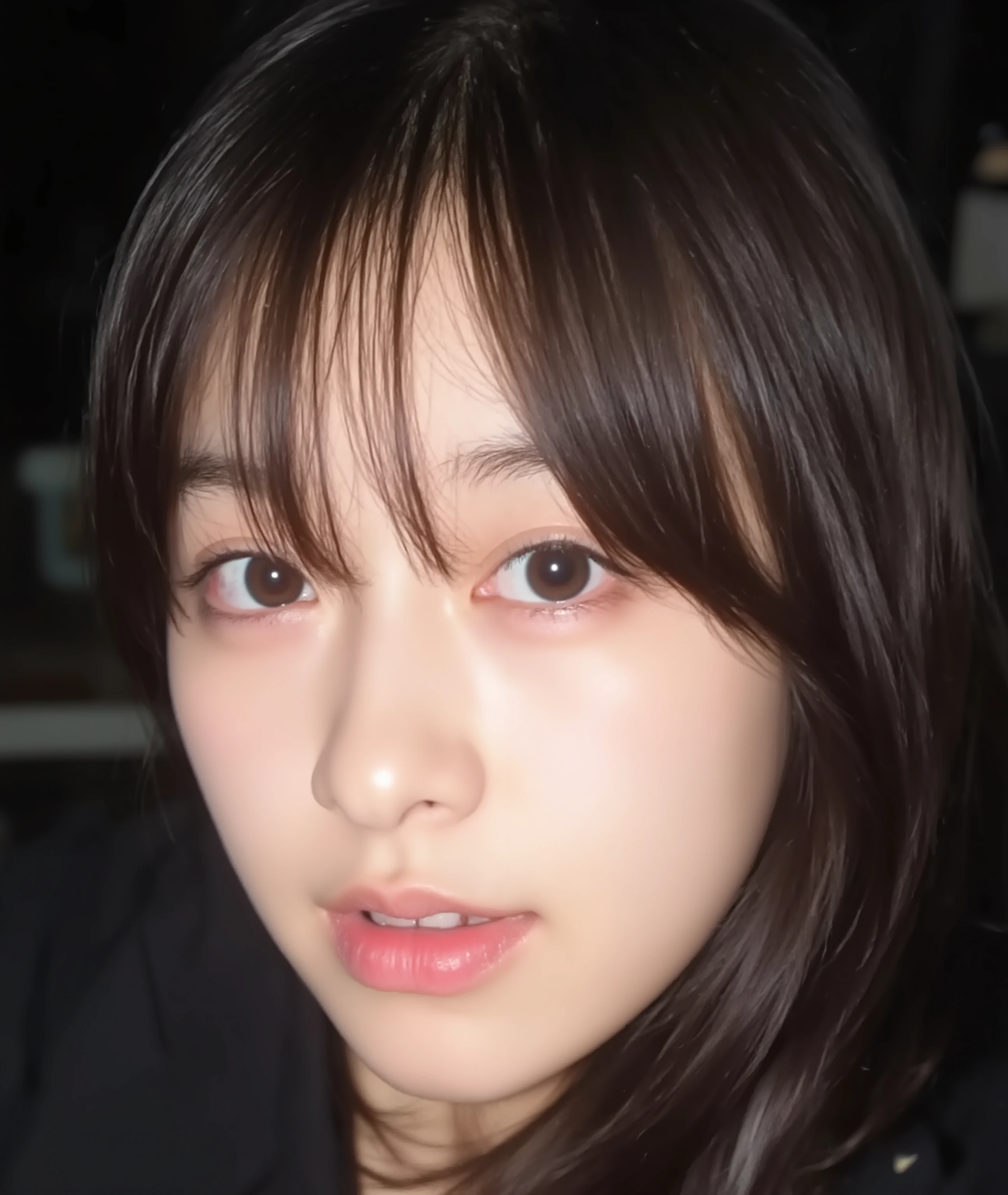 The image is a close-up photograph of a young Asian woman with a fair complexion. Her face dominates the frame, occupying the majority of the image, with her eyes, nose, and lips prominently visible. She has large, almond-shaped eyes with long, thick eyelashes, and her skin is smooth and soft. Her lips are full and slightly parted, revealing a natural, rosy hue. She wears a small silver stud earring in her left ear, adding a subtle touch of personal style.

Her hair is long, dark brown with subtle highlights, and it partially covers her forehead, giving a slightly tousled, casual look. The background is out of focus, but it appears to be a dark, possibly indoor setting, which emphasizes her face and provides a stark contrast to her light complexion. She is wearing a black garment, possibly a top or a sleeve, which is visible at the bottom of the image. The overall mood of the photograph is intimate and personal, capturing a candid moment with a natural, unfiltered aesthetic.