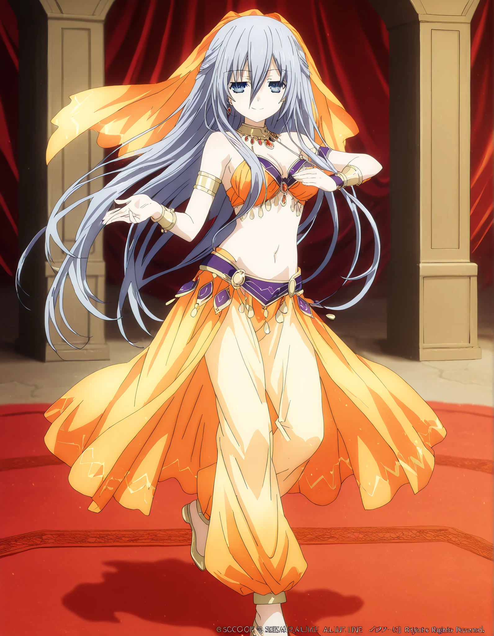 (1girl:1 . 5) , (Seul:1 . 5) , score_9 , score_8_haut , score_7_haut , source_anime , Official work , ultra-detailed , masterpiece , best quality , high resolution , beaux yeux , detailed eyes , Detailed face , beautiful detailed eyes,1girl,long hair, blue eyes, grey hair, hair between eyes,Date A Live,Mio Takamiya,Arabian Clothes , Arabian Dancer Outfit ,belly dancer costume,belly dancer outfit ,full body,golden jewelery,armlet, belly dancing,arabian garden,seductive smile, dancing with veil, dynamic movement,dance posture, seductive pose
