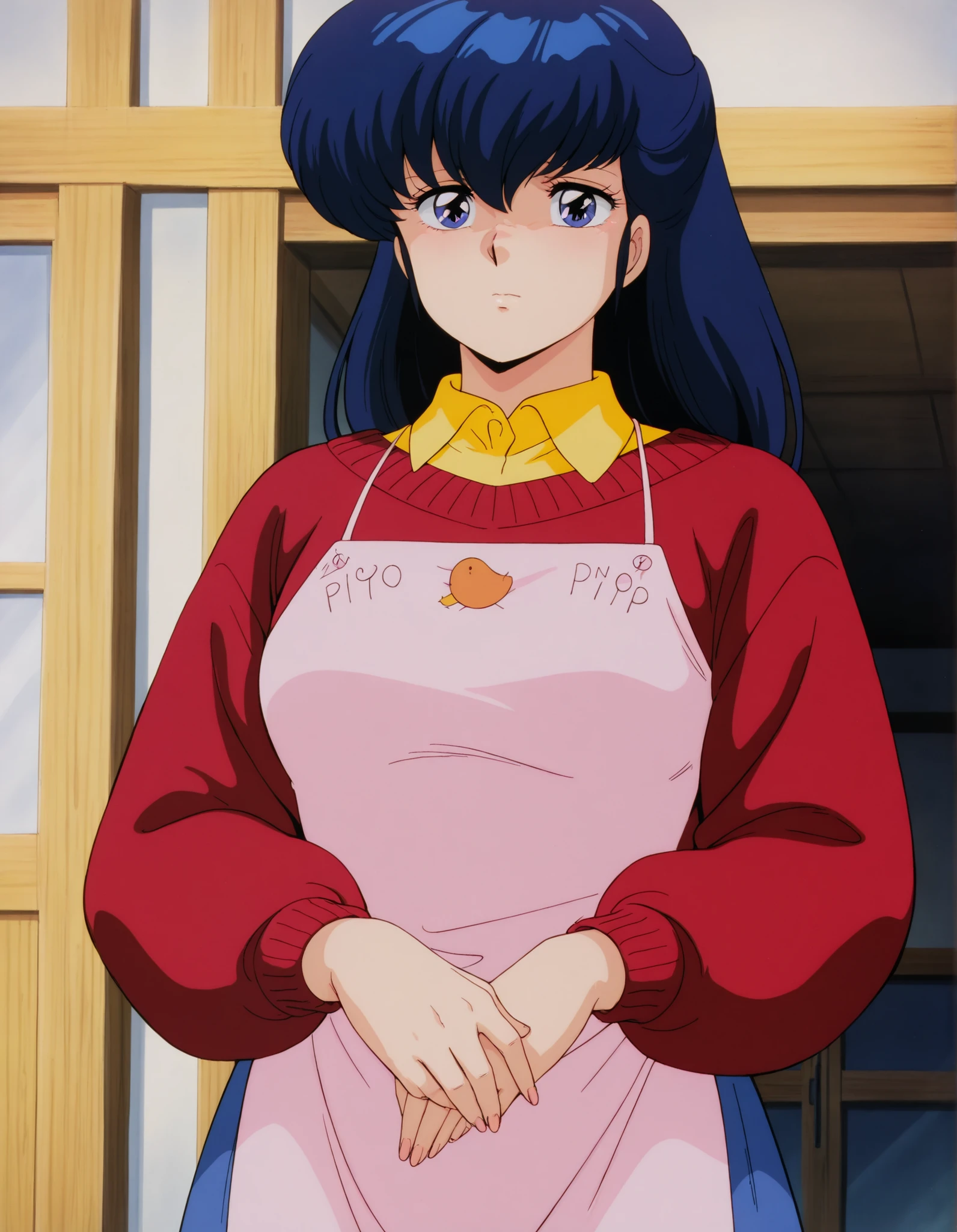 clean, {{scan}}, {{{masterpiece}}}, {{{high quality}}}, {{{animated}}}, anime colored, {{{official art}}}, perfect body, perfect face, extreme detail, perfect anatomy, intricate, retro 1980s, (highly detailed), solo, 1girl ,(beautiful details:1.3), perfect eyes, perfect hands, masterpiece,best quality,amazing quality,、otonashi Kyoko, blue hair, long hair,  ,  best quality ,  Good quality   , ,Alone, ,, red sweater, yellow shirt under red sweater, blue long skirt, Apron , A annoying ,compassionate_  , sad Eyes blue shinny , cute _  jealous  , solo. Facing toward viewer, 