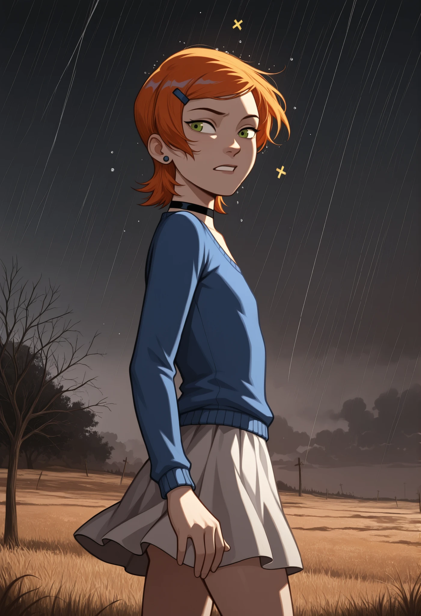 Gwen Tennyson . ginger . short hair . green eyes . flat breasts, flat chest, huge hips . slim body . choker . |  "Create a dark and emotional illustration inspired by the song Gone Forever by Three Days Grace . The scene must portray the pain of loss and the liberation of a toxic bond , symbolizing the feeling of definitive rupture . the protagonist , visible a lonely man , is standing in the midst of a storm , looking back as a shadow melts in the wind zas , representing someone he finally left behind . His face displays a mixture of relief and sadness , with eyes fixed on the void , as raindrops trickle down his skin , mingling with invisible tears . The surrounding environment is a desolate field , with twisted trees and dry leaves being carried away by the wind . The sky is laden with dark clouds , but in the distance , a small beam of light crosses the storm , suggesting a new beginning . The palette of colors must be composed of cold , desaturated tones , such as gray-blue and black , contrasting with light gold or orange tones in the distant light to represent hope . The art must have a realistic and cinematic style , with an emphasis on the expression of the protagonist and the details of the environment . Dramatic lighting and the play of shadows should reinforce the contrast between the pain of farewell and emotional liberation . sweater, skirt