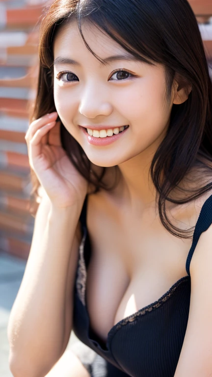(Highest Resolution, 4K, masterpiece: 1.3), Japanese women, A photo of a woman,, Beautiful Eyes,Symmetrical eyes,Big eyes, Slim figure, Realistic teeth, double eyelid, (whole body:1.3), highest quality, detailed, Long Hair,、((Black ??????)), ((Lying down、うつ伏せにLying down)),Beauty、cute、Laughter、((whole body、Slim legs:1.3))