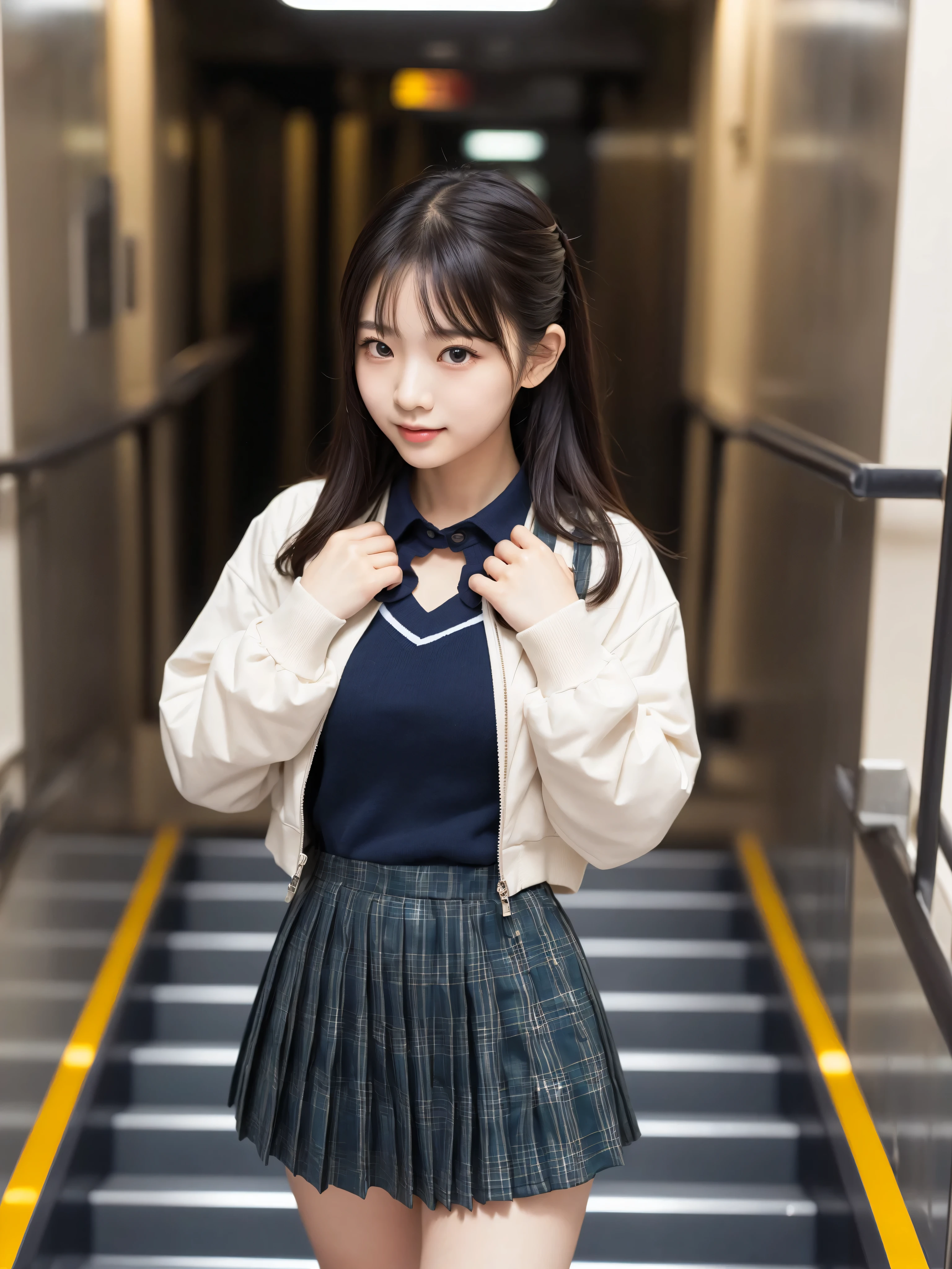 ( flat chest:1.4),( slim figure visible to the navel),6 heads,A,Adolescent girl,anatomically perfect,(Apple cheeks),(Caucasian eyes),(elementary school student is riding an escalator on the way to school)、 glare、(collared jacket, Navy Blue, linen),Increase saturation,slender,Realistic,straight nose,blond hair,(dark brown leather shoes)、,Gant ,High Quality,inseam length is half of height,masterpiece,(Natural eyebrows),(Navy Blue Ankle socks)、(White Lace Panties:1.),white skinned person with perfect figure,(pleated micro mini skirt that only hides areolas, Green Tartan Print),(tight waist:1.2),height 135 cm,super high resolution on a pile,super real,cute idol,(slender thighs:1.2),(Slender Hips:1.2),(blue eyes),model style body,(Long Legs:1,4),(from below:1.4),(look down, Viewers watch :1.4),subjective shot,(big eyes),(from behind:1.4),(thin legs:1.4),(legs long:1.4),(Shot from between legs:1.4),(close up shot of socks:1.4)