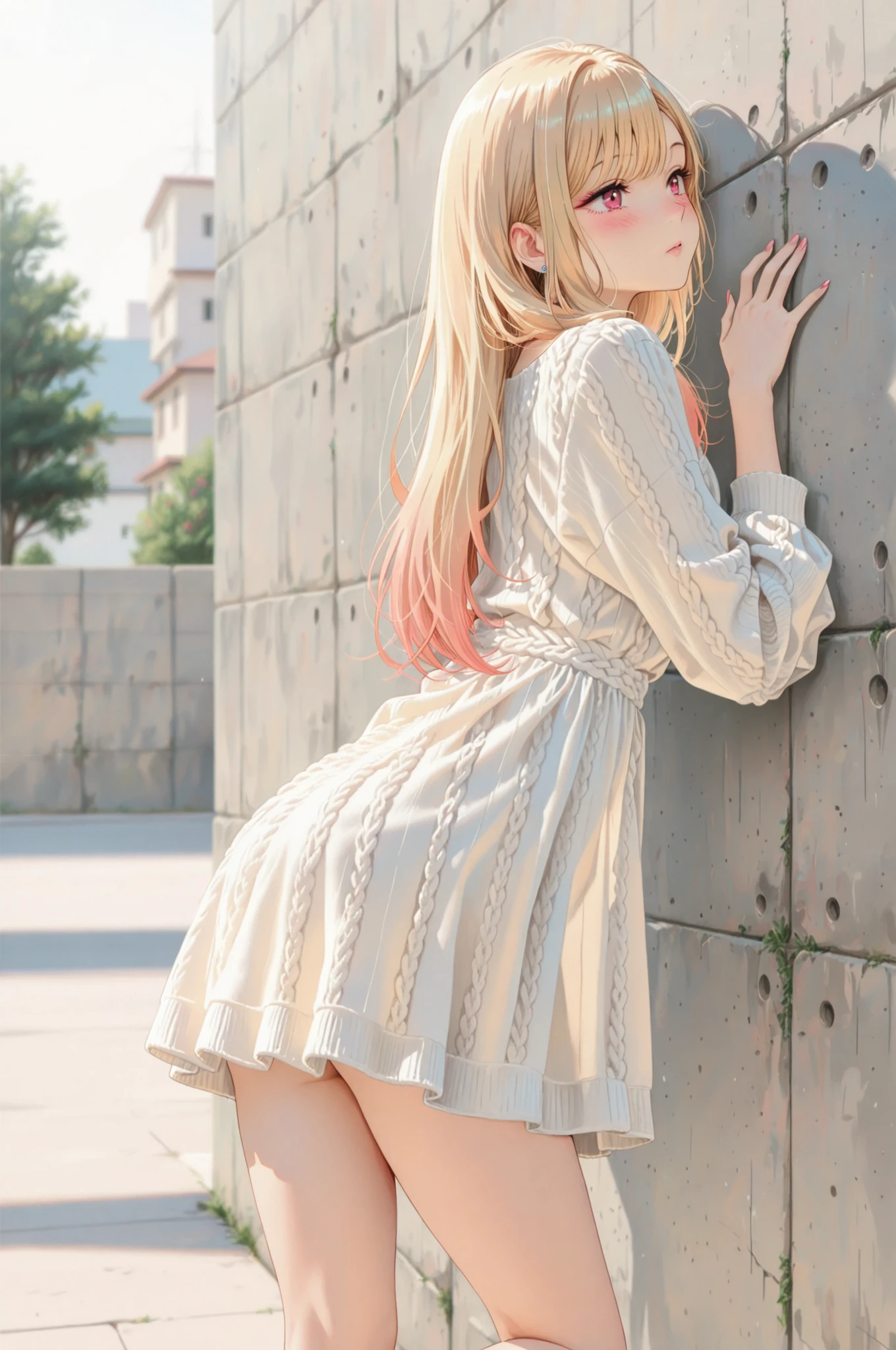 1 Girl, In front of a concrete wall:1.2, solo, marin kitagawa, ((Blush)), Blonde,  Long Hair , ((turn around, white knit dress, thighs)), pay attention to light and shadow in every detail, blurred background, (Highest Quality:1.2, 4K, 8k, very detailed, attention to detail, masterpiece:1.2, Ultimate aesthetics),