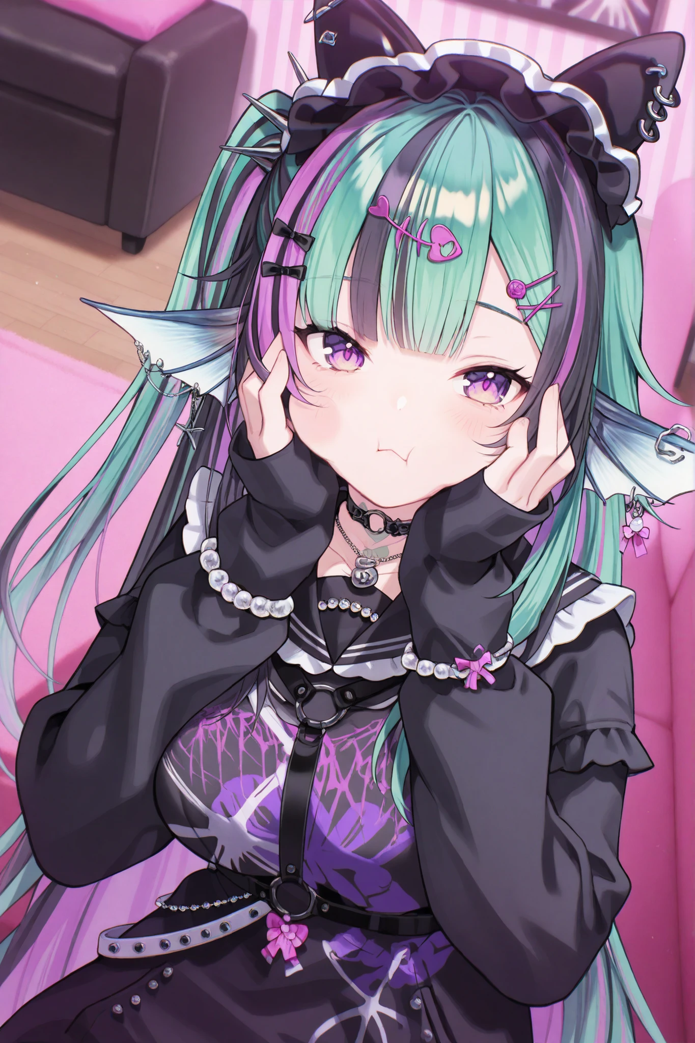 1girl, FinanaRyuguNijisanji,
general, solo, dutch angle, from above, upper body,
purple eyes, ,
jirai kei,
hair bow, shell hair ornament, piercing,
hairband,
fish hair ornament, heart o-ring,
hairclip, x hair ornament,
earrings,
neck tattoo, o-ring choker, necklace,
black sailor collar,
long sleeves, sleeves past wrists, bracelet,
black dress, harness, black belt,
jewelry,
sitting, looking at viewer, face in hands, puff out cheeks,
indoors, living room,
<lora:kp_FinanaRyuguNijisanji4thCostumeIllustrious_v1_0:1.0>,
masterpiece, best quality, amazing quality