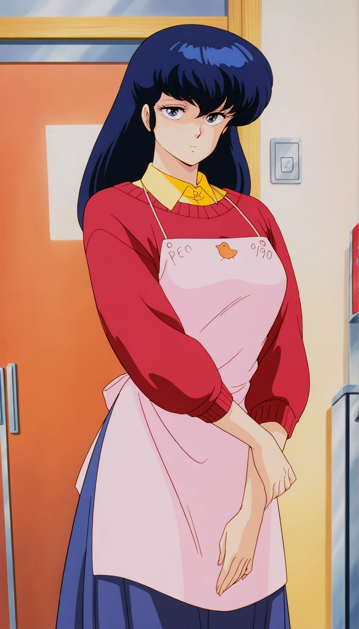 clean, {{scan}}, {{{masterpiece}}}, {{{high quality}}}, {{{animated}}}, anime colored, {{{official art}}}, perfect body, perfect face, extreme detail, perfect anatomy, intricate, retro 1980s, (highly detailed), solo, 1girl ,(beautiful details:1.3), perfect eyes, perfect hands, masterpiece,best quality,amazing quality,、otonashi Kyoko, blue hair, long hair,  ,  best quality ,  Good quality   , ,Alone, ,, red sweater, yellow shirt under red sweater, blue long skirt, Apron , A annoying ,compassionate_  , sad Eyes blue shinny , cute _  jealous  , solo. Facing toward viewer, 