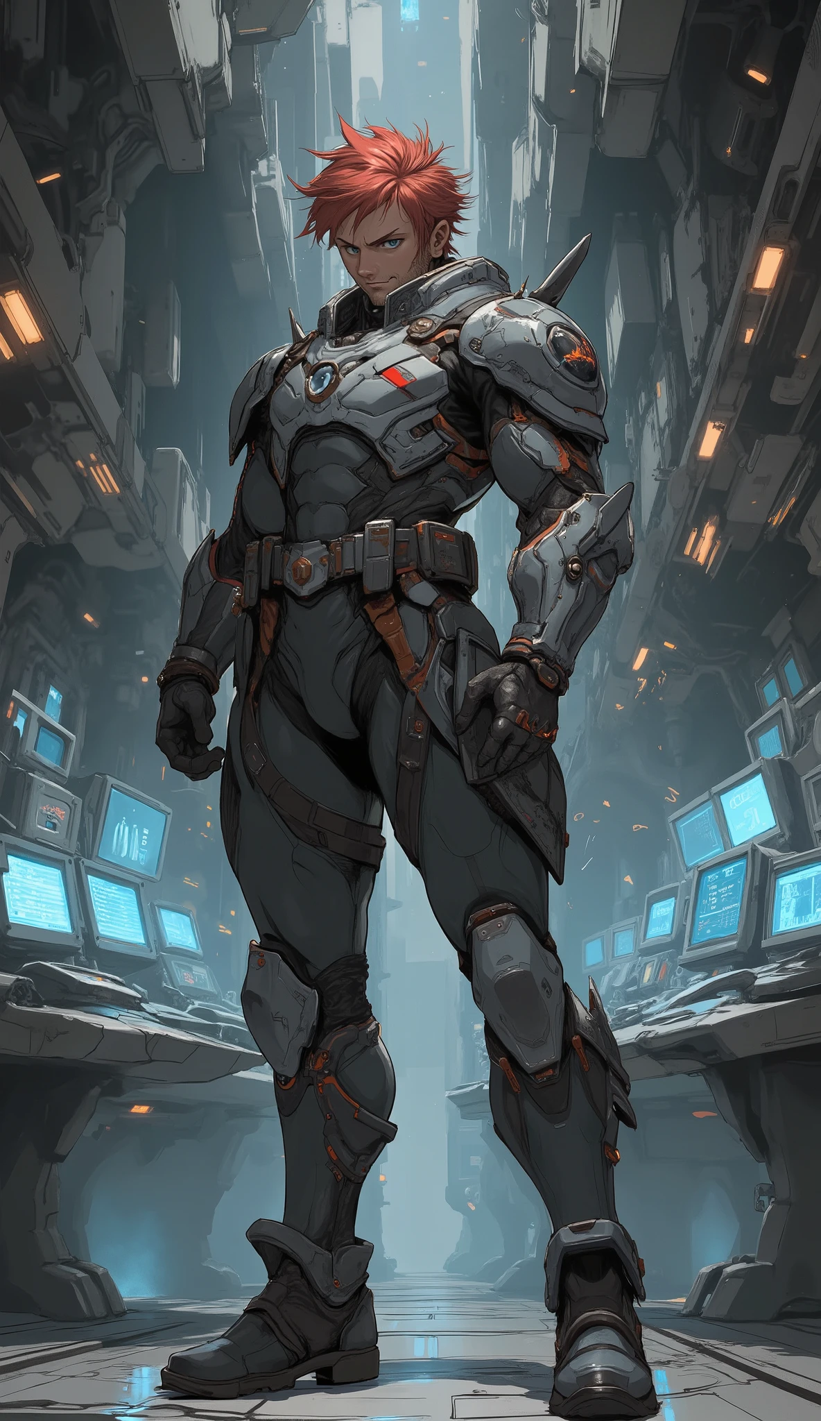 (masterpiece, best quality, ultra-detailed, high-resolution illustration, cinematic lighting, realistic ambient light), 1man, solo, full body, dynamic pose,
A handsome elite military officer with a calm, focused, yet untamable aura, standing confidently in a futuristic sci-fi mecha hangar.
He has tousled, layered, and voluminous short red hair with a few strands of bangs falling over his sharp, deep blue eyes. His face is chiseled with a defined jawline and a serious yet composed expression. He has fair skin and a tall, lean, powerful physique with broad shoulders and a narrow waist.
His attire is a detailed fusion of tactical and high-tech gear: a black, skin-tight inner combat suit is visible beneath a primarily white, technologically advanced officer's jacket accented with bold blue and red details. He wears loose-fitting, deep gray tactical pants with red side-stripes and functional pockets, designed for mobility. White, sleek armor plates cover his knees and shins, seamlessly integrating into his combat boots. His hands are covered in black tactical gloves with red armored modules at the wrists.
The background is a sprawling, high-tech hangar filled with mechanical details and glowing consoles, creating a strong sense of advanced technology and a sci-fi atmosphere.
(polished mature anime art style, intricate details, perfect , perfect face, anatomically correct hands, five fingers).