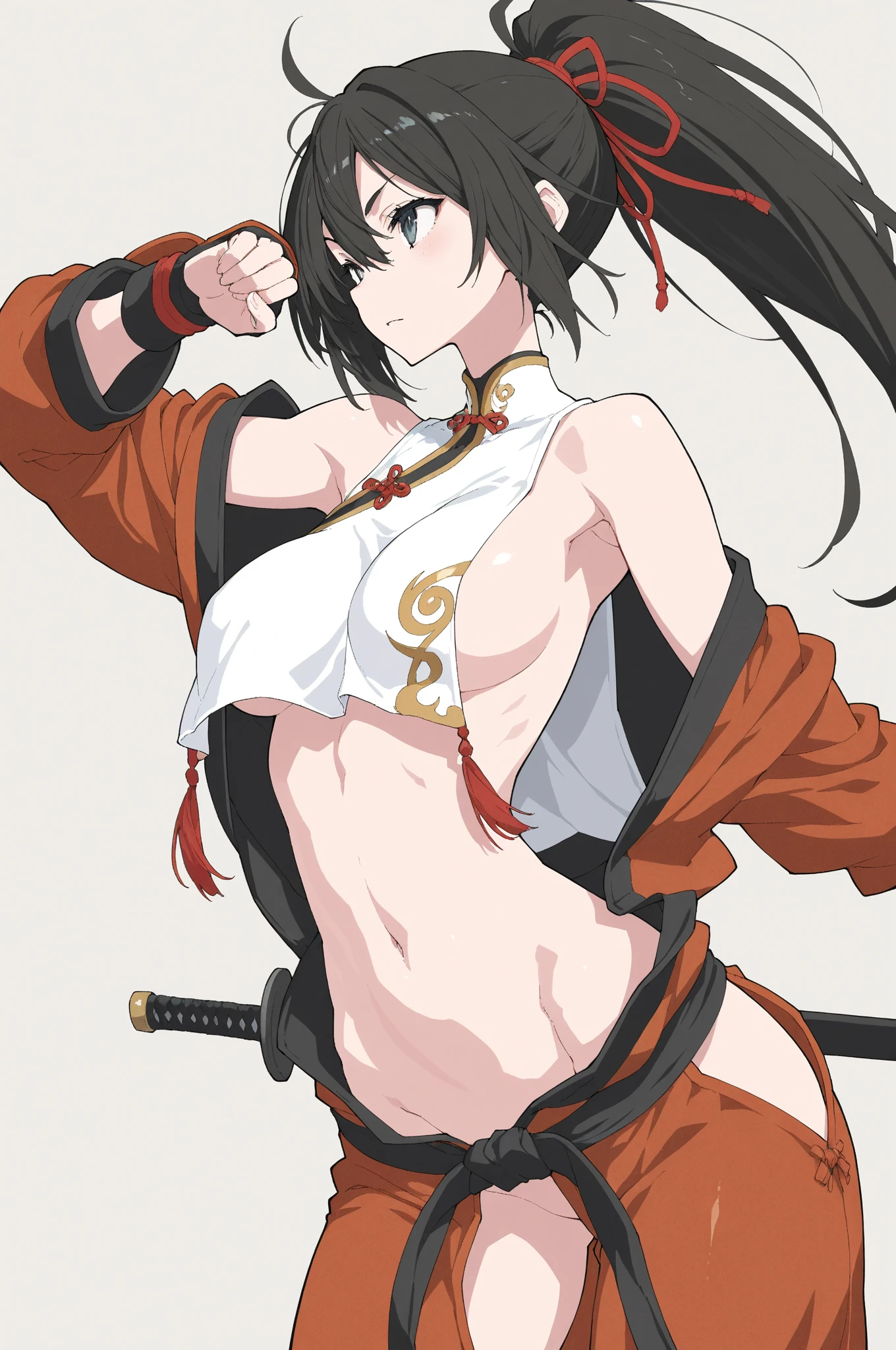 (((((roll up bandage sideways on a   tightly to cover the  without gaps))))),  (((bandage samweways))),, ((Japanese Gangster BOSS)), adult woman with the dignified presence, Killing Qi, wear nothing around shoulder, wear nothing around neck, wear the kimono, wear it below the waist, I wind it up to control it, and to attach it,  ((kimono come off)) ,wear the kimono multiple times,  shoulders and the clavicle, black and gold kimono, put on over jacket of kimono, ((holding a japanese sword, The handle of the sword, long sword)), eye fire, low angle, whole body, anime character, Glaring, off sholder, Excellent, black blue hair, can see both shoulder, long kimono hem, small face, big tattoo on the arm,,muscular,drink sake, The kimono is spreading,ultra-detailed,super beautiful,Masterpiece,Killing Qi,Intimidation,zoom up, a person,Selfish person