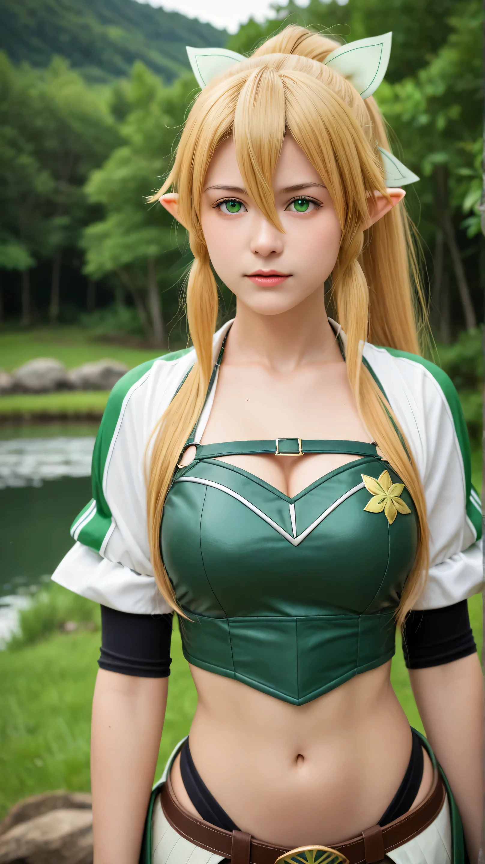 Masterpiece, best quality, 8k, ultra high resolution, photorealistic, cinematic composition,1girl, solo,leafa,emerald eyes,blonde hair,long hair,outdoors,potrait,forest,big breast,(lake background:1.4),standing still,(hair between eyes:1.3),ponytail,wear knight armor,black glove,close up,navel
