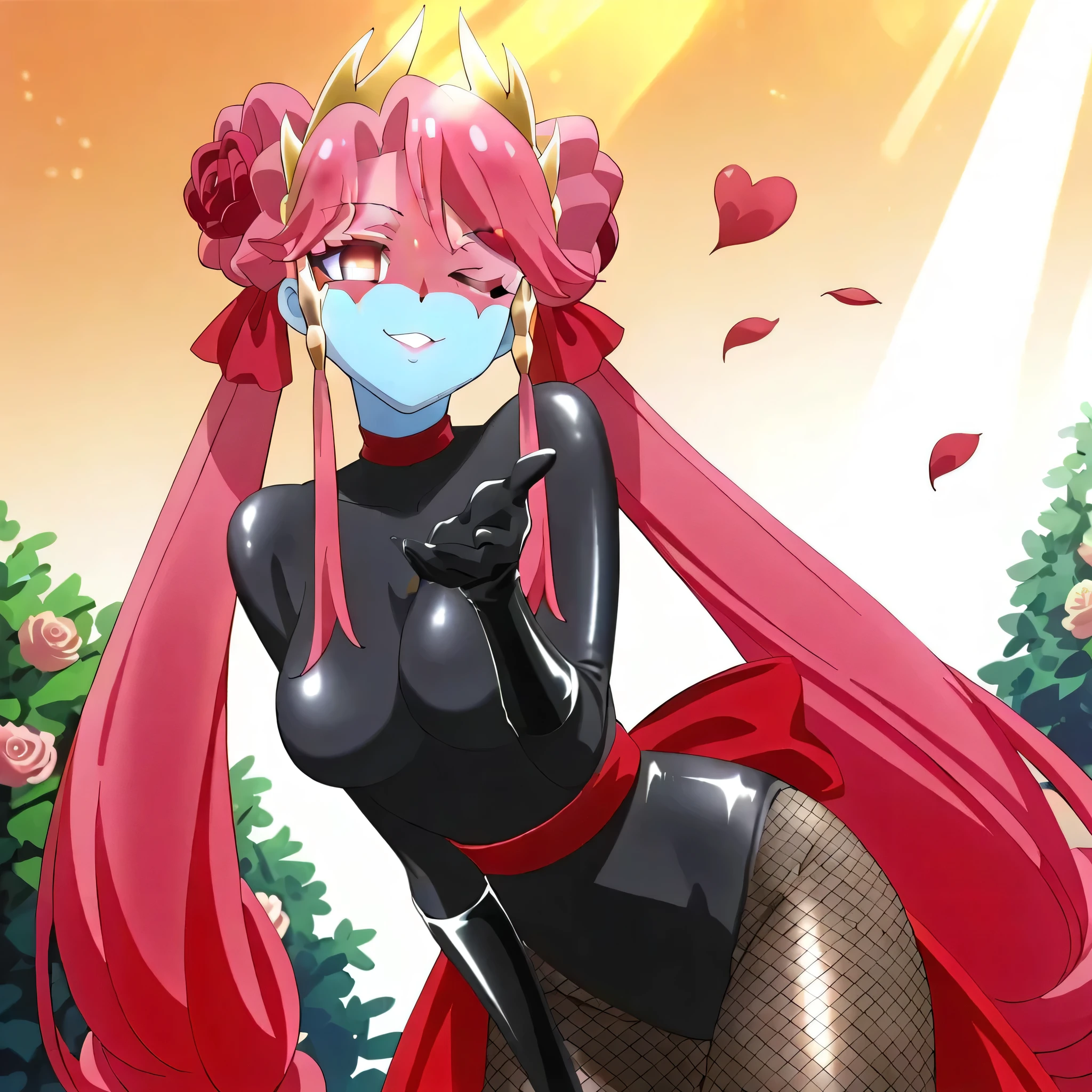 (((Masterpiece))), (((Best Quality))), ((Super Detail)), ultra-High resolution, score_9,score_8_up,score_7_up,score_6_up,score_5_up,score_4_up, BREAK, source_anime, anime screencap, uncensored, Masterpiece, (best shadow), (absurdres), (detailed background), (very aesthetic), detailed beautiful eyes, outstanding, an exquisite animation illustration, curvy, highres, shiny clothing, dark persona, empty eyes, blank eyes, shocker, black leotard, latex elbow gloves, brown fishnet pantyhose, colored skin, red sash, makeup, (((red skin))), (((solo, 1girl))), hair ornament, pose, submissive pose, anime style, anime coloring, animification, megami magazine, pose, dynamic angle, cinematic angle, dutch angle, medium , princess zeal, pink hair, red hair, multicolored hair, twintails, very long hair, sidelocks, shiny hair, quad tails, double bun, parted bangs, hair rings, eyelashes, eyebrows visible through hair, pink eyes, tiara, hair ribbon, hair tubes, hair flower, blowing kiss, blow kiss, wink, smile, happy, cute smile, tilt head, head tilt, garden, dusk, evening, orange sky, flower, rose, wind, windy, dappled light, sunbeam, flower petal, , leaning forward, arched back, looking at viewer,