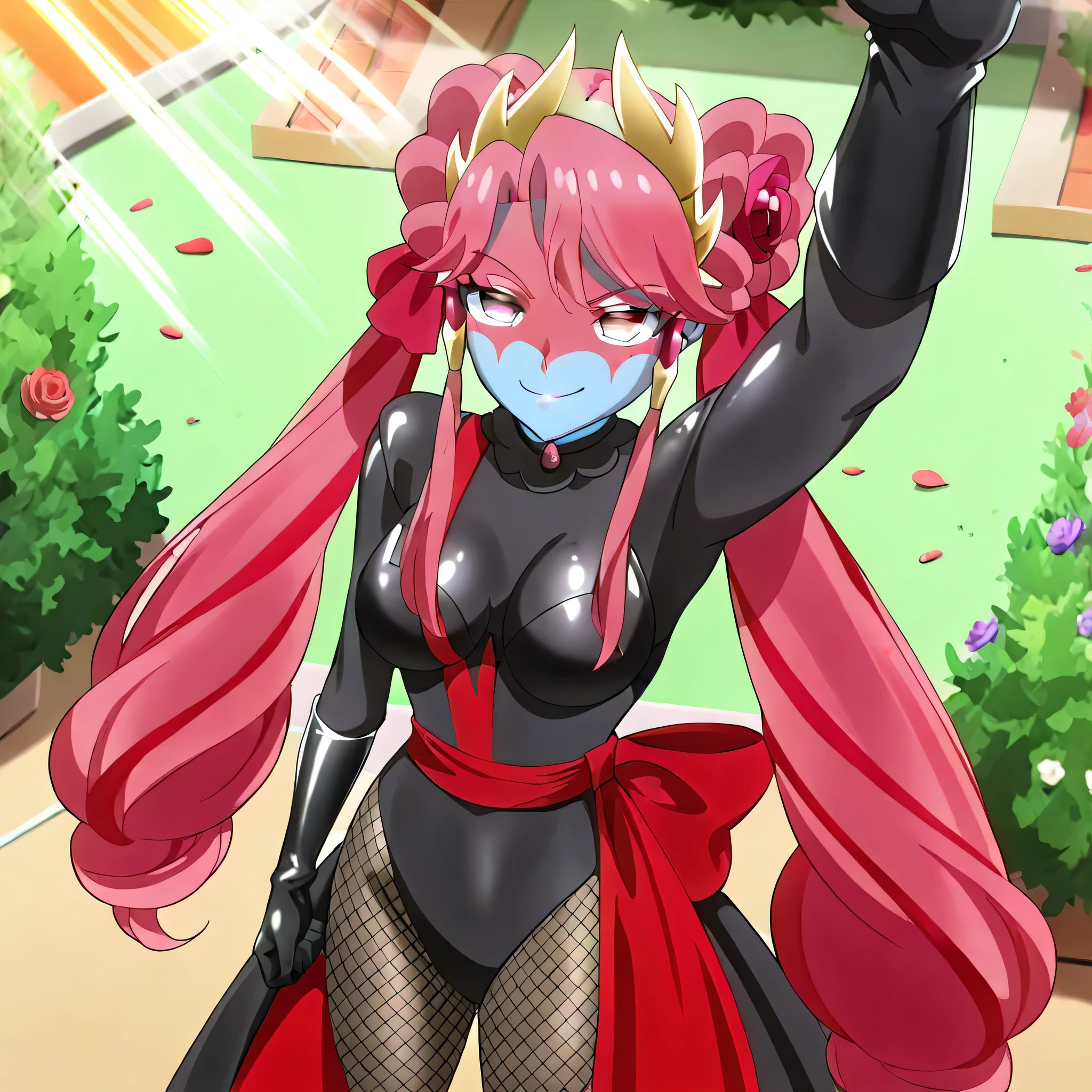 (((Masterpiece))), (((Best Quality))), ((Super Detail)), ultra-High resolution, score_9,score_8_up,score_7_up,score_6_up,score_5_up,score_4_up, BREAK, source_anime, anime screencap, uncensored, Masterpiece, (best shadow), (absurdres), (detailed background), (very aesthetic), detailed beautiful eyes, outstanding, an exquisite animation illustration, curvy, highres, shiny clothing, dark persona, empty eyes, blank eyes, shocker, black leotard, latex elbow gloves, brown fishnet pantyhose, blue skin, colored skin, red sash, makeup, red skin, (((solo, 1girl))), hair ornament, pose, submissive pose, anime style, anime coloring, animification, megami magazine, pose, dynamic angle, cinematic angle, dutch angle, medium , princess zeal, pink hair, red hair, multicolored hair, twintails, very long hair, sidelocks, shiny hair, quad tails, double bun, parted bangs, hair rings, eyelashes, eyebrows visible through hair, pink eyes, tiara, hair ribbon, hair tubes, hair flower, garden, dusk, sky, flower, rose, wind, windy, dappled light, sunbeam, flower petal, flame, burning, looking from above, view from above, from above, salute, standing, standing at attention, standing still, looking ahead, shocker salute, hand up, arm up, speed line, motion line, powerful, roar, armpit, evil smile, smirk, smug, closed mouth, orange sky
