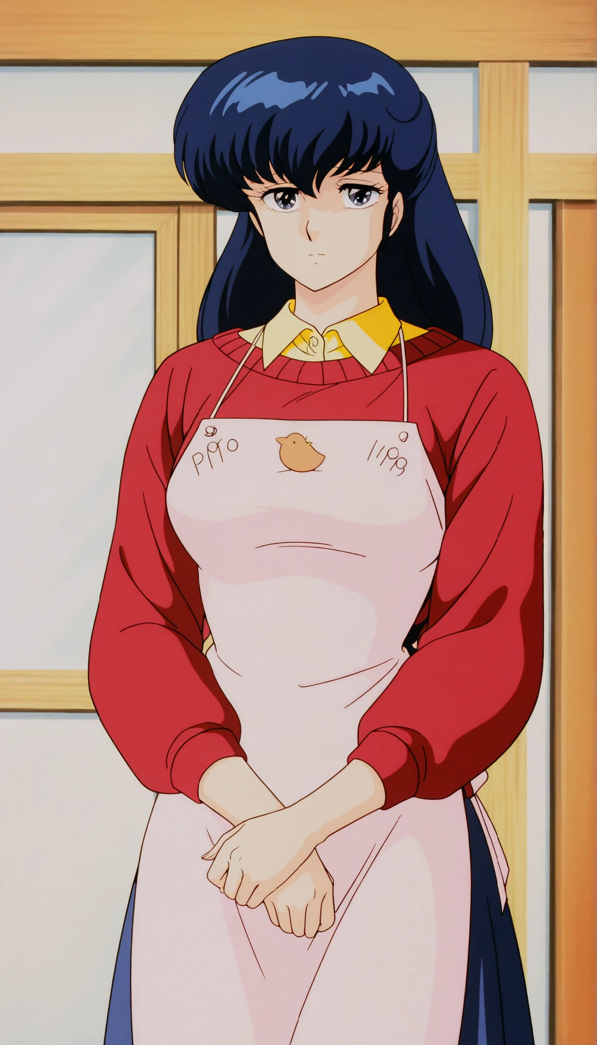 clean, {{scan}}, {{{masterpiece}}}, {{{high quality}}}, {{{animated}}}, anime colored, {{{official art}}}, perfect body, perfect face, extreme detail, perfect anatomy, intricate, retro 1980s, (highly detailed), solo, 1girl ,(beautiful details:1.3), perfect eyes, perfect hands, masterpiece,best quality,amazing quality,、otonashi Kyoko, blue hair, long hair, , best quality , Good quality , ,Alone, ,, red sweater, yellow shirt under red sweater, blue long skirt, Apron , A annoying ,compassionate_ , sad Eyes blue shinny , cute _ jealous , solo. Facing toward viewer,