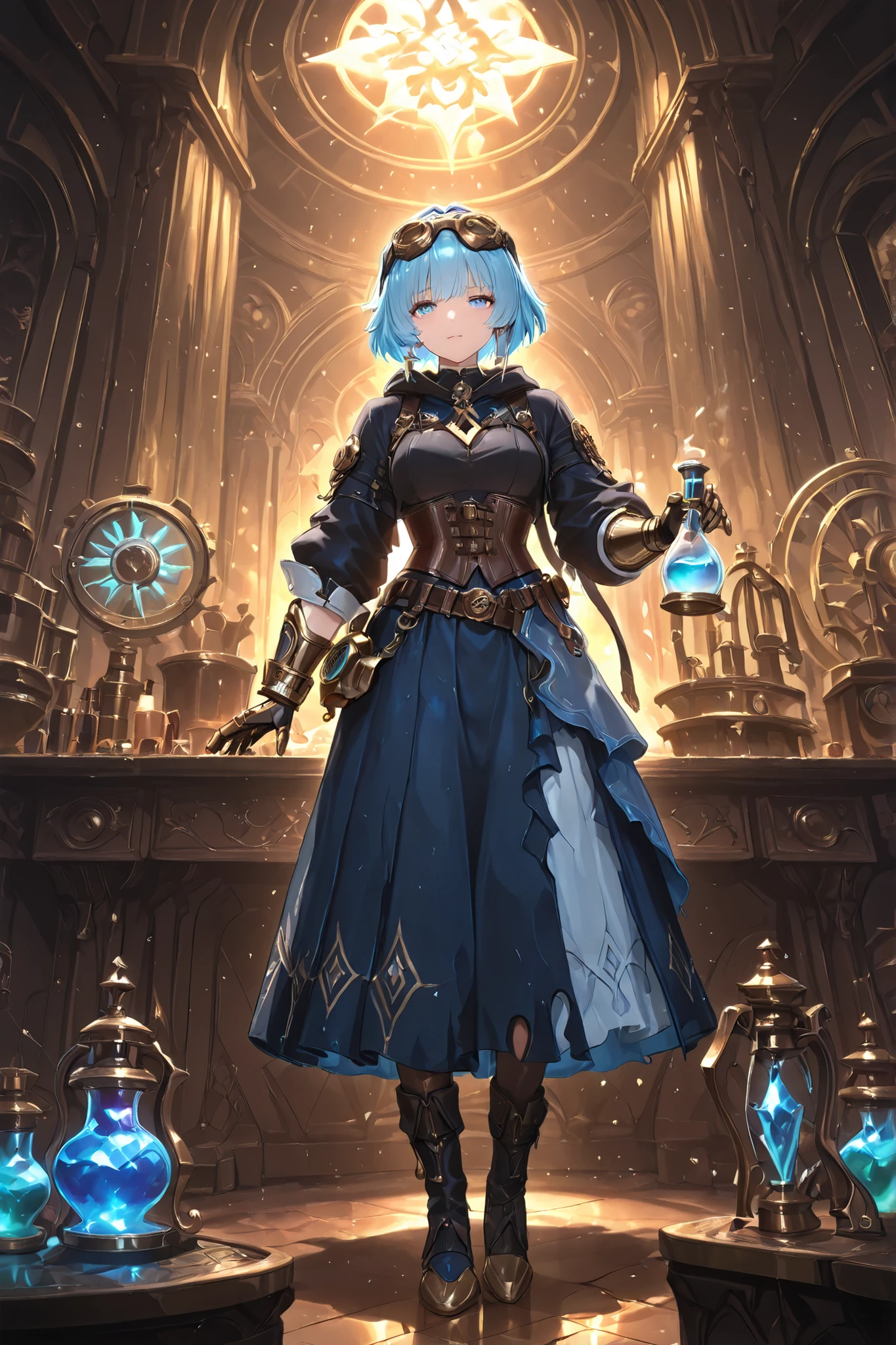 (masterpiece, best quality, ultra detailed, cinematic lighting, fantasy alchemist style),
(a short hair female alchemist mixing glowing liquids in a glass vial, focused and calm expression, standing in front of an alchemy workbench filled with apparatus, ancient scrolls, crystal bottles, and metal tools),
(background: detailed alchemy workshop with brass instruments, magical sigils carved into the floor, glowing runes, vapor rising from flasks),
(wearing: steampunk aesthetic elegant alchemist outfit with leather corset, long-sleeved shirt rolled up, metallic accessories, belts with potion vials, mechanical gauntlet, brass goggles resting on her head, long flowing skirt with asymmetrical layers),
(light sources: colorful reflections from potions, warm candlelight, soft ambient glow, faint blue arcane light),
(fantasy-science fusion aesthetic, arcane technology, intricate details, dynamic composition, 4k illustration)