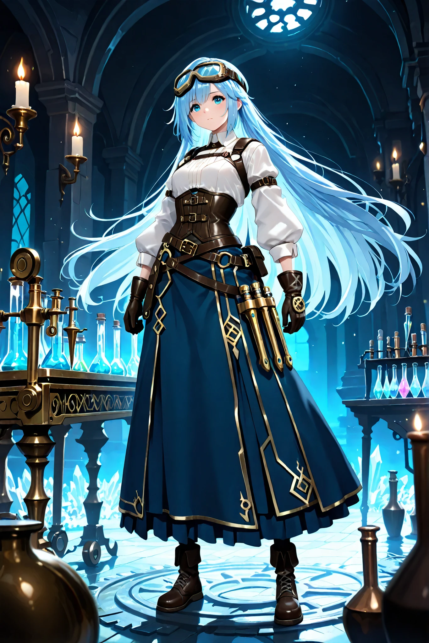 (masterpiece, best quality, ultra detailed, cinematic lighting, fantasy alchemist style),
(a female alchemist mixing glowing liquids in a glass vial, focused and calm expression, standing in front of an alchemy workbench filled with apparatus, ancient scrolls, crystal bottles, and metal tools),
(background: detailed alchemy workshop with brass instruments, magical sigils carved into the floor, glowing runes, vapor rising from flasks, gears and mechanical arms assisting the process),
(wearing: elegant alchemist outfit with leather corset, long-sleeved shirt rolled up, metallic accessories, belts with potion vials, protective gloves, goggles resting on her head, long flowing skirt with asymmetrical layers),
(light sources: colorful reflections from potions, warm candlelight, soft ambient glow, faint blue arcane light),
(fantasy-science fusion aesthetic, arcane technology, intricate details, dynamic composition, 4k illustration)