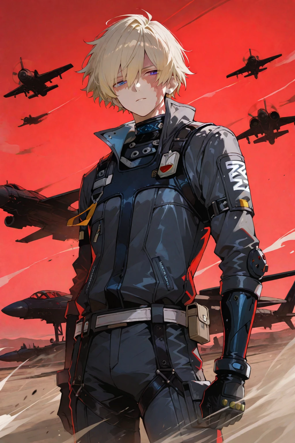 A man, 21 years, long hair blonde, pale white skin, blue eyes, wearing a red suit pilot clothing like neon genesis evangelion, white gloves, in a dark atmosphere, hd quality image, autority, like a planning tactician leader, commander, mobile suit pilot, wearing sunglasses, a strong posture of a leader