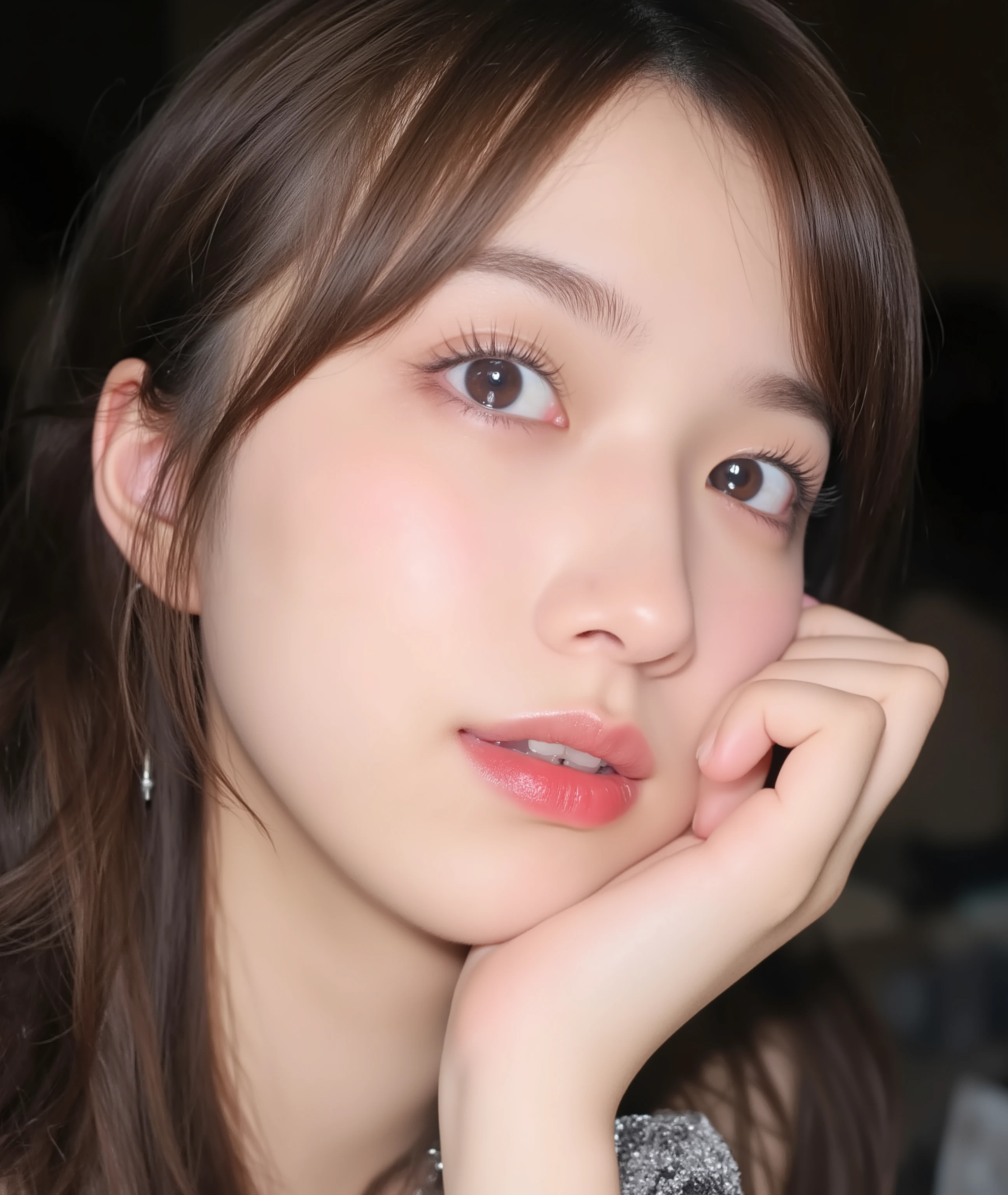 The image is a close-up photograph of a young Asian woman with a fair complexion. Her face dominates the frame, occupying the majority of the image, with her eyes, nose, and lips prominently visible. She has large, almond-shaped eyes with long, thick eyelashes, and her skin is smooth and soft. Her lips are full and slightly parted, revealing a natural, rosy hue. She wears a small silver stud earring in her left ear, adding a subtle touch of personal style.
Her hair is long, dark brown with subtle highlights, and it partially covers her forehead, giving a slightly tousled, casual look. The background is out of focus, but it appears to be a dark, possibly indoor setting, which emphasizes her face and provides a stark contrast to her light complexion. She is wearing a black garment, possibly a top or a sleeve, which is visible at the bottom of the image. The overall mood of the photograph is intimate and personal, capturing a candid moment with a natural, unfiltered aesthetic.