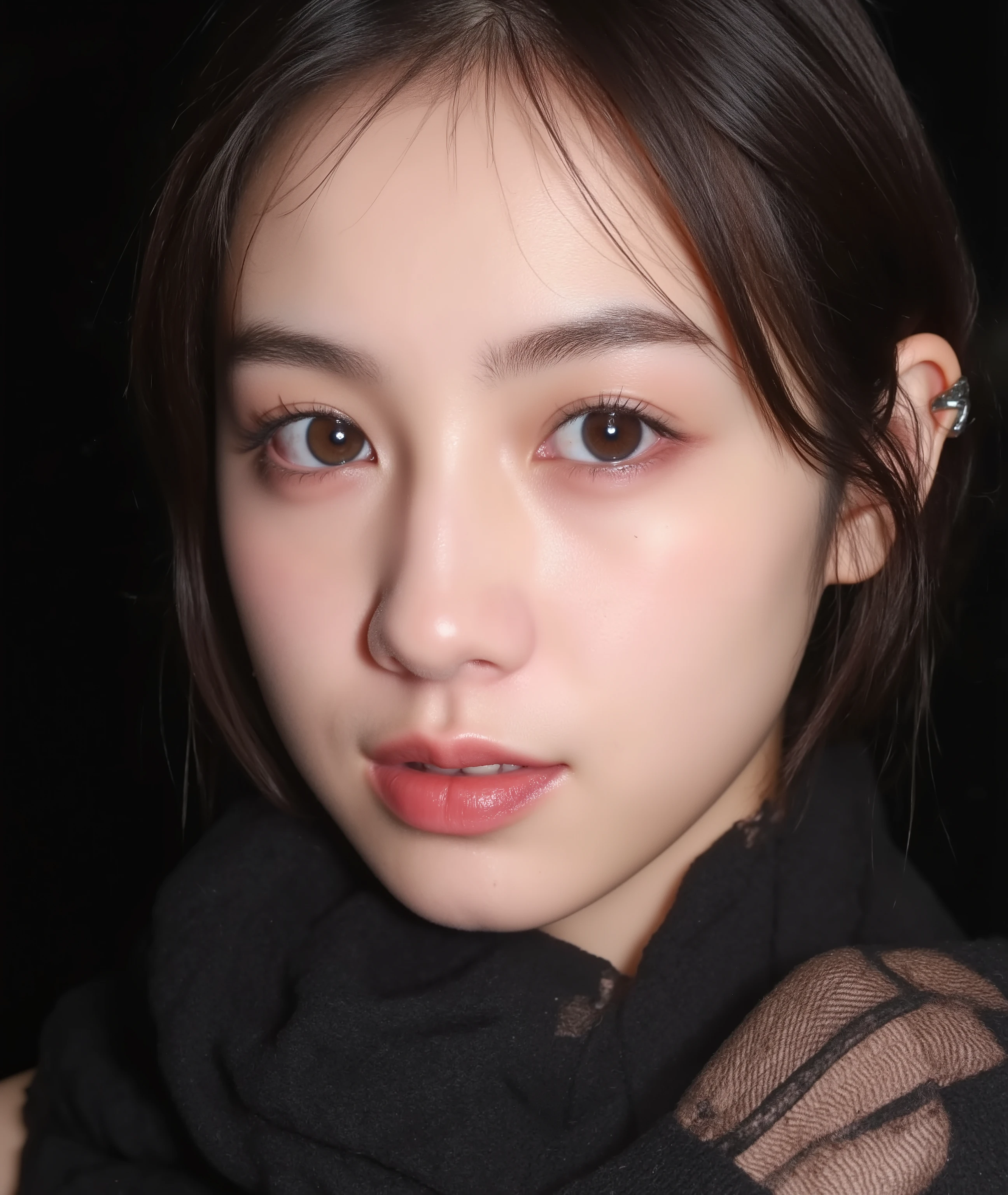 The image is a close-up photograph of a young Asian woman with a fair complexion. Her face dominates the frame, occupying the majority of the image, with her eyes, nose, and lips prominently visible. She has large, almond-shaped eyes with long, thick eyelashes, and her skin is smooth and soft. Her lips are full and slightly parted, revealing a natural, rosy hue. She wears a small silver stud earring in her left ear, adding a subtle touch of personal style.

Her hair is long, dark brown with subtle highlights, and it partially covers her forehead, giving a slightly tousled, casual look. The background is out of focus, but it appears to be a dark, possibly indoor setting, which emphasizes her face and provides a stark contrast to her light complexion. She is wearing a black garment, possibly a top or a sleeve, which is visible at the bottom of the image. The overall mood of the photograph is intimate and personal, capturing a candid moment with a natural, unfiltered aesthetic.