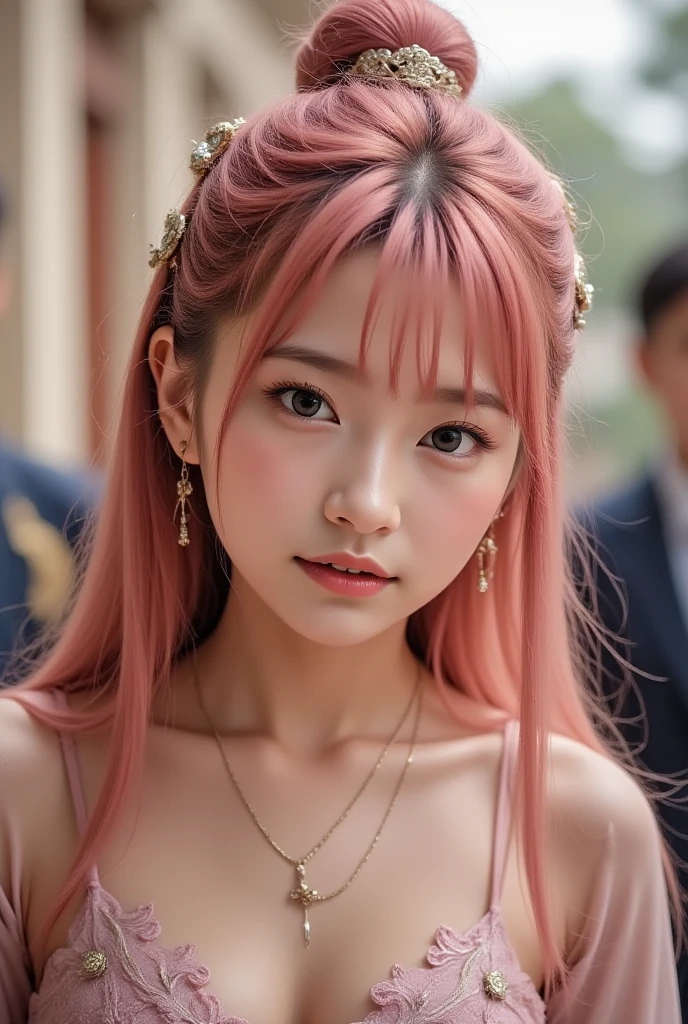 (()), 1girl, yae miko, sleeves,  shoulders, pink hair, long hair, Japanese clothing, best quality, (hair accessory: 1.35), jewelry, purple eyes, earrings, , torii, lantern lights, depth of field, face focus, (viewers: 1.25), non-traditional witch, shiny skin, long sleeves, smile, East Asian architecture, (blurred background: 1.2),