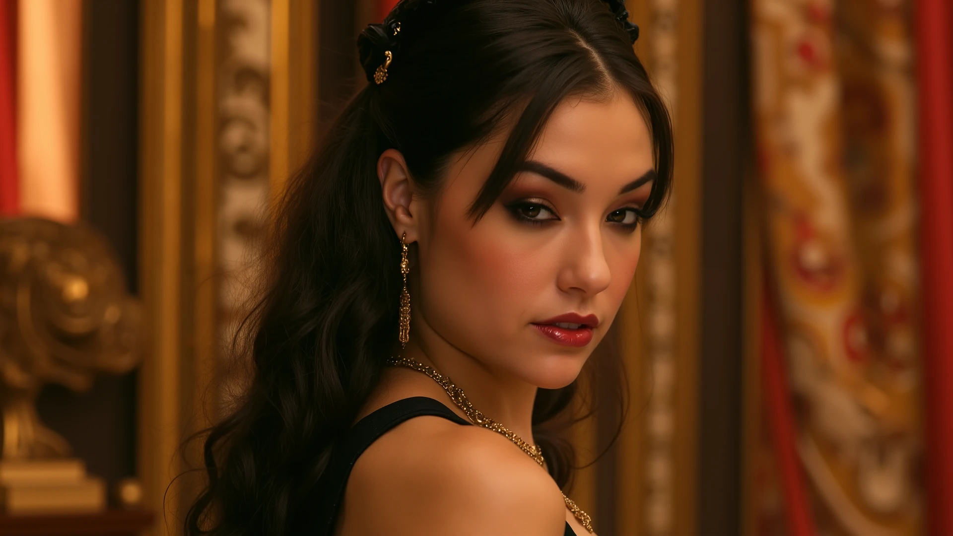 a hyper-detailed, 8K cinematic full body portrait of the world’s most beautiful and deadly villainess: a fatal woman with the face of an Asian goddess and the voluptuous, violin-curved body of a Brazilian deity. Her skin is flawless and golden, glowing with an unnatural allure, while her almond-shaped eyes (amber or dark jade) gleam with cunning malice and ancient power. Full, blood-red lips part in a smirk that promises both ecstasy and doom, and her raven-blue hair cascades like liquid night, sometimes tied in a high, regal bun that accentuates her sharp cheekbones and imperious jawline.She wears a form-fitting dress of serpent-scale fabric, alternating between black and deep crimson, with gold and obsidian jewelry that clinks like chains of the damned, and spiked boots. Her posture is regal and predatory, every movement a lethal dance—hips swaying with intentional hypnotism, long legs poised to strike or seduce. The background is a luxurious throne room or a burning city, where shadows twist at her command and lesser beings tremble in her presence.The lighting is dramatic and gothic, with crimson and gold hues casting long shadows that seem to whisper secrets of her cruelty. Her expression is haughty, amused, and terrifyingly serene, as if the world’s suffering is mere entertainment. The atmosphere should feel opulent and apocalyptic, a blend of dark romance and raw power, with an aura of electric danger—like a storm given human form.She is beauty and terror intertwined: a villainess who doesn’t conquer worlds—she makes them beg to be conquered.