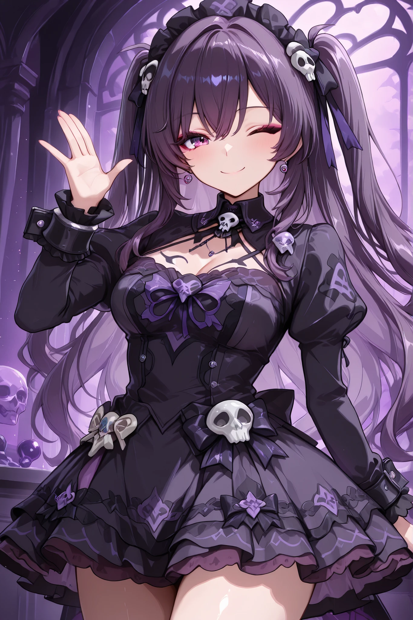 happy smile,Cute wink,Very big ribbon on the chest,(((juliet sleeve,big cuffs,mini dress,dark purple and black dress,skull accessories))),Lolita Dress,Rin々Shiny Pose,Dim Potion Synthesis Room,Slightly Scary Makeup,