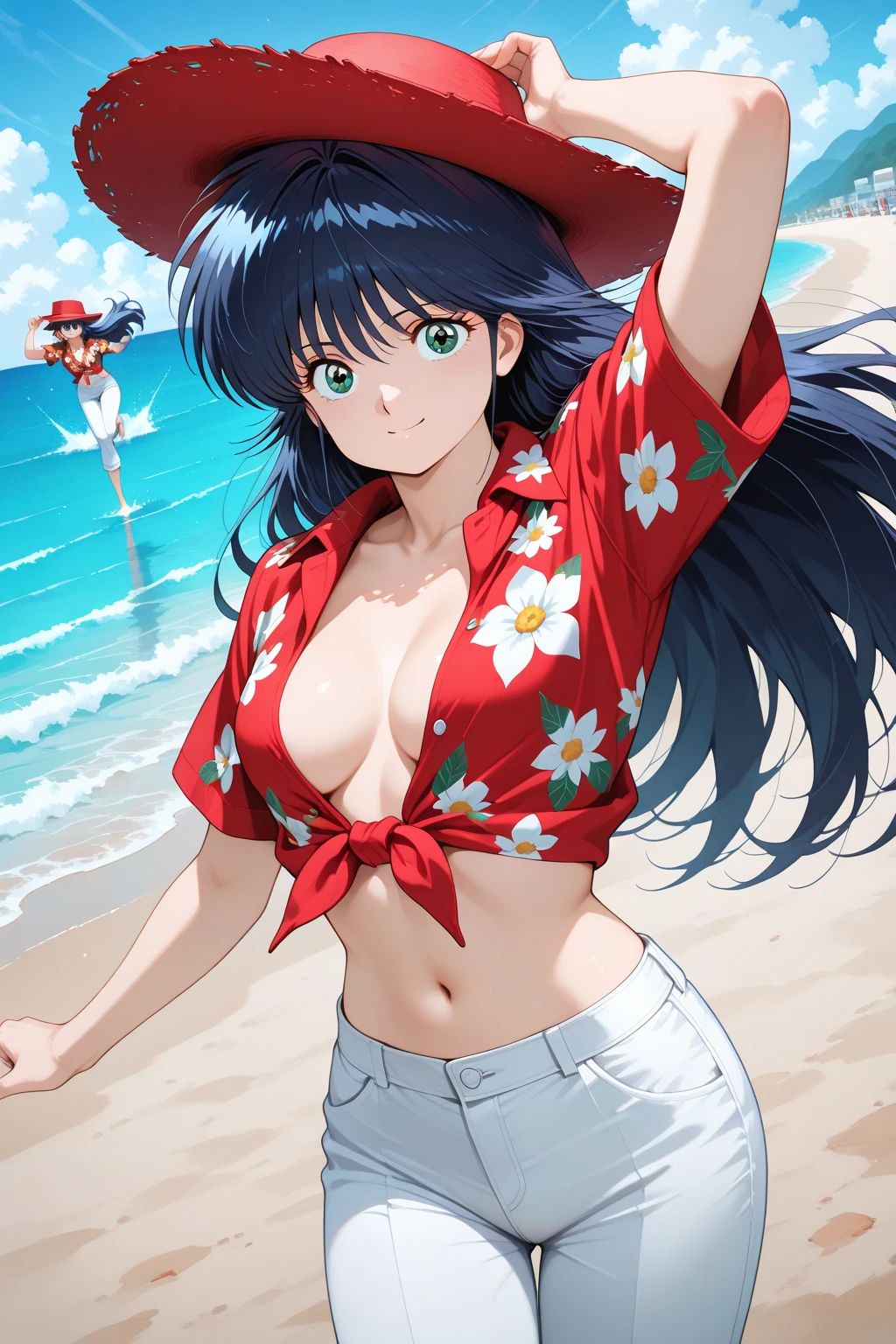 (realisticlying，extremely detailed CG、high resolution、absurderes:1.8、detailed background:1.3、beautiful detailed hair)、、、、1woman, attire: Red jacket,、jacker, middlebreast、((brown-eyed、black micro 、)), Purple hair, long Hair, cross necklace, slim waist、((Misato katsuragi))、NERV, Perfectly detailed face, (embarrassed、blush)、(sunny sea)
