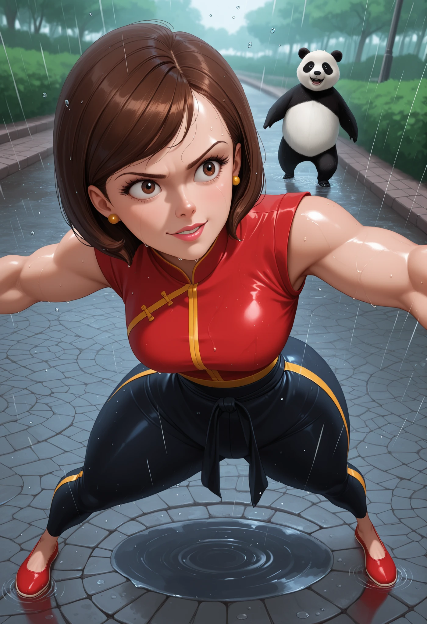 Helen Parr , mature female, medium hair, Bob_cut, brown hair, brown eyes, big eyes, long eyelashes, medium breasts, narrow waist, thick thighs, huge hips, fair skin, thin hands, earrings, makeup, pink lips, lipstick.| top quality , masterpiece , Ultra High Resolution ((1girl)) , , ((80s 90s anime style)) , ((sharp eyed)) , ((confident expression)) , ((martial artist)) , ((kung fu style)) , ((athletic build)) ((Chinese style sleeveless shirt)) , ((Red jacket)) , ((mandarin color)) , ((black cloth kung fu pants)) , (( kung fu shoes)) , ((Muscular arms)) , ((Flexible Body)) ((giant panda)) , ((adorable pandas)), ((pandas and girls side by side)) , ((Pigs lined up)) , ((Park wet in the rain )) , ((Puddle)) , ((Chinese style park)) , ((Cobblestone)) , ((Raindrops)) , ((splash)) , ((Wet Ground)) ((action cartoon style)) , ((Moving Compositions)) , ((comical atmosphere)) , ((cartoon rain expression)) , ((water drop effect)) negative: nsfw , Realistic , Realistic , semi-real , with , 3DCG style, dark tone