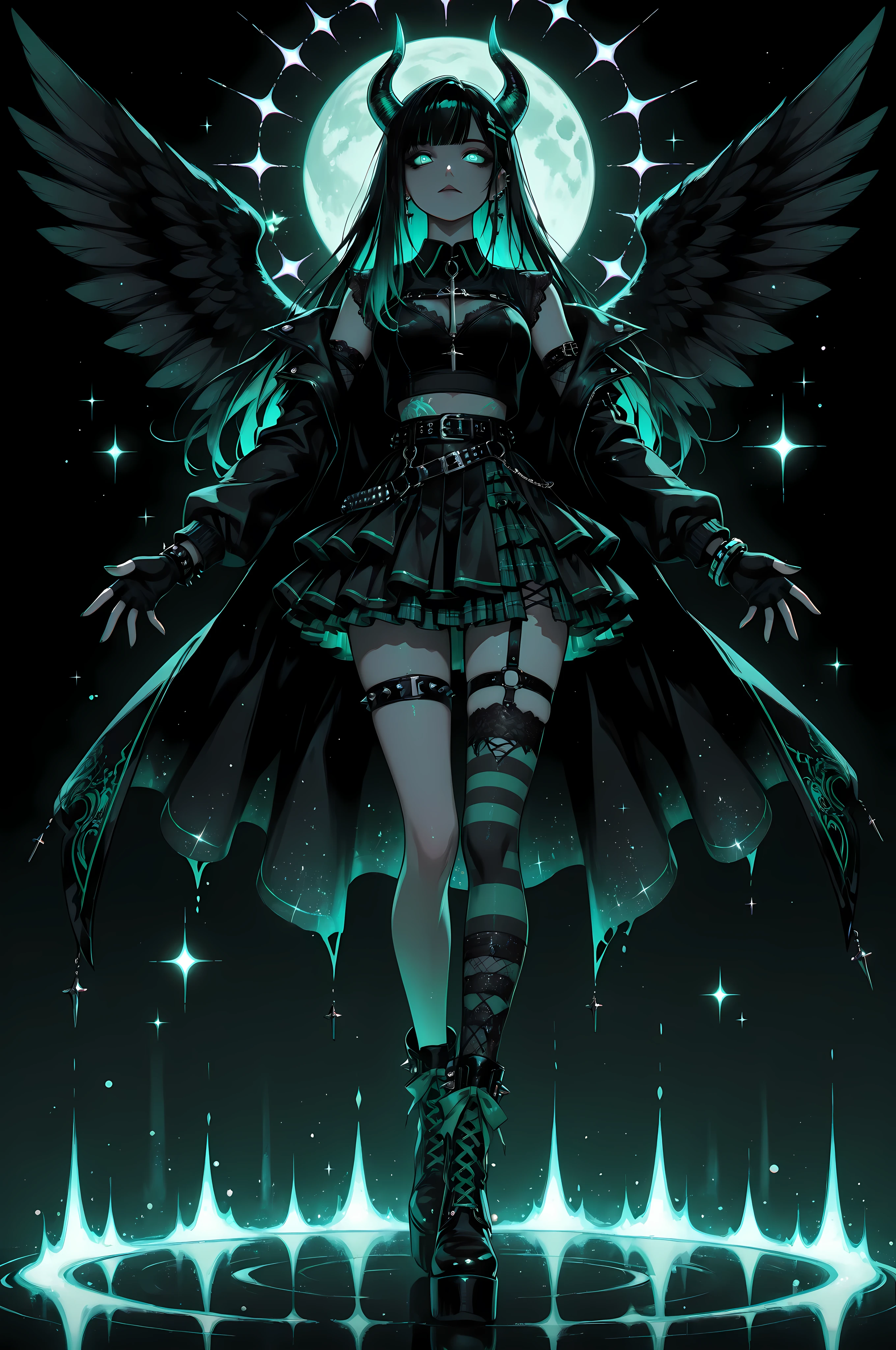 neon dreamcore,iridescent glow,holographic,pastel void,luminescent skin,celestial tones,smooth reflective surface,glowing eyes,shimmercore,1girl,long flowing black hair, emerald green eyes, demon girl, demon horns, demon black wings, a black cropped sweater with embroidery of stars and moons on the sleeves. underneath, a sheer green mesh top with a high neck and tiny black hearts. a pleated green and black plaid skirt with lace trim. black striped stockings with green bows and black garters. a lot of hairpins, clips, punk style, lace, bright patterned clothing, piercings, studded belts, bracelets, fingerless gloves, black platform boots,split skirt, detached sleeves, cutout, collared, cross-laced slit, short cape, fingerless gloves,single thighhigh, petticoat, layered skirt, asymmetrical sleeves, full body, (glitter, glittering, sparkling, shimmering, sparkles, light effects, glowing accents, high resolution, detailed lighting, sharp focus), a soft green glow outlines her entire body, rich color, beautiful light, perfect contrast, Masterpiece, Best quality