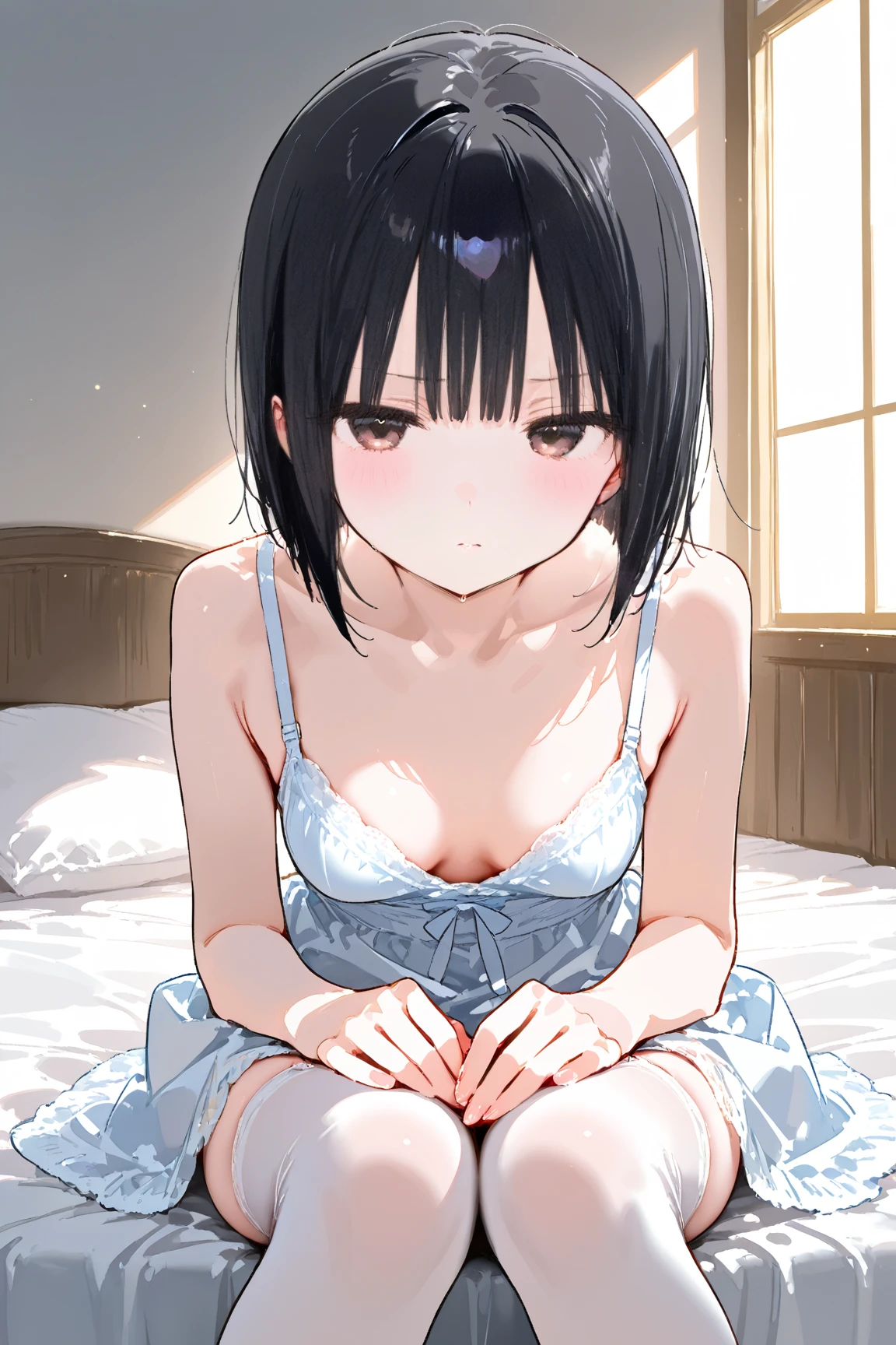 Hands Behind Back,Tied with hands behind back,from front,front view,looking at viewer, looking ahead,from above,cowboy shot,1girl,Beautiful 11 year old girl,Japanese,Slender,,low length,Small breasts,Thin legs,Small Ass,Baby Face,Small face,Black Hair,Row Twin Tails,Short Twin Tails,Gray Eyes,puffy eyes,middle School girls,A see-through black and yellow negligee,Sexy Lingerie,open mouth,tongue out,front face,Kneeling,Straight Stand,Beautiful and detailed anime art,Anxious expression,Sexy vibe,cum on tongue,Dimly lit room,On the bed,Simple Background,Gray background,Low lighting,
