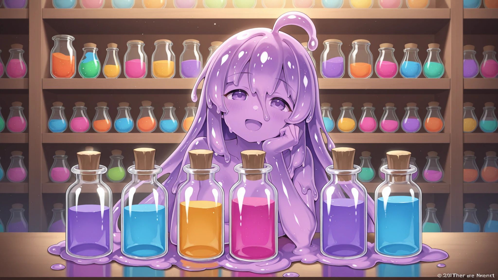 Potion Merchant、slime girls in jars、There are lots of colorful jars on the shelf、