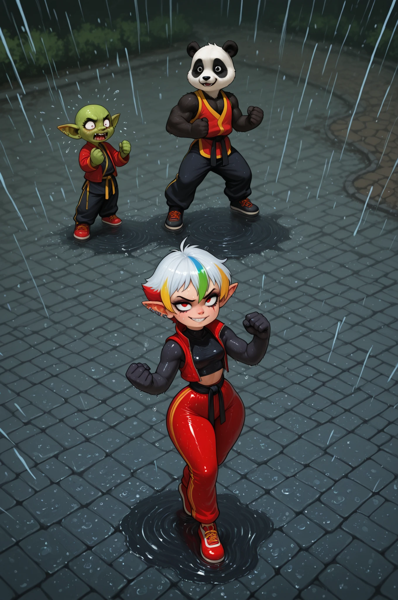 female punk, rainbow colors hair, very short hair, black eye , facial piercings, eye makeup, small breasts, meduim hips, (goblin girl:1.0) (shortstack:1.0) (green skin:1.0) (pointy ears:1.0) (wide hips:1.0)| top quality , masterpiece , Ultra High Resolution ((1girl)) , , ((80s 90s anime style)) , ((sharp eyed)) , ((confident expression)) , ((martial artist)) , ((kung fu style)) , ((athletic build)) ((Chinese style sleeveless shirt)) , ((Red jacket)) , ((mandarin color)) , ((black cloth kung fu pants)) , (( kung fu shoes)) , ((Muscular arms)) , ((Flexible Body)) ((giant panda)) , ((adorable pandas)), ((pandas and girls side by side)) , ((Pigs lined up)) , ((Park wet in the rain )) , ((Puddle)) , ((Chinese style park)) , ((Cobblestone)) , ((Raindrops)) , ((splash)) , ((Wet Ground)) ((action cartoon style)) , ((Moving Compositions)) , ((comical atmosphere)) , ((cartoon rain expression)) , ((water drop effect)) negative: nsfw , Realistic , Realistic , semi-real , with , 3DCG style, dark tone