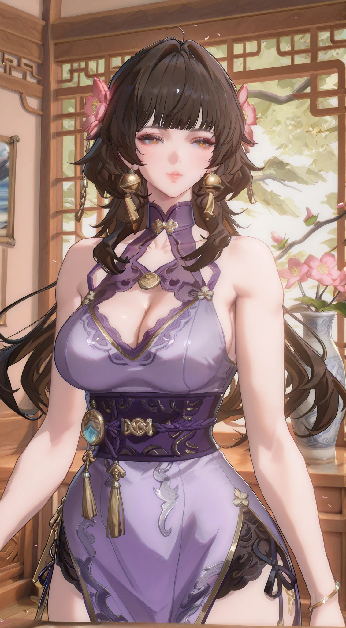there is a woman with a purple dress posing for a picture, japanese goddess, gorgeous chinese model, sakimichan, bust with a beautiful neck, 中 元 节, bust with a long beautiful neck, 奈良美智, anime girl in real life, cheongsam, beautiful asian girl, seductive anime girl, A young woman is seen in an elegant indoor setting, with her hair styled in soft curls accented by delicate pink flowers. She wears a sophisticated lilac lace dress with intricate detailing, including pearl-like embellishments and a unique neckline that adds an element of grace and refinement. The background features a serene, well-lit room, adorned with lush greenery visible through large windows, suggesting a tranquil and refreshing ambiance. There are wooden bookshelves and simple, tasteful home decor pieces, including a tall, white vase with flowering branches that complement the natural theme. The overall atmosphere is peaceful and harmonious, blending the aesthetics of nature and interior design seamlessly.