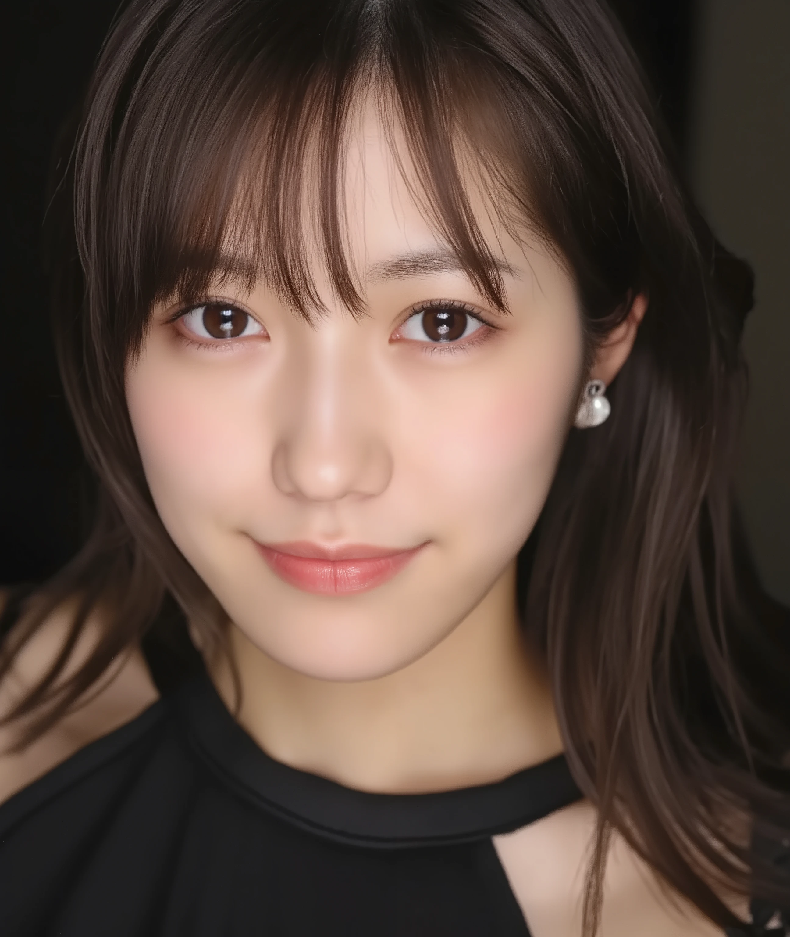 The image is a close-up photograph of a young Asian woman with a fair complexion. Her face dominates the frame, occupying the majority of the image, with her eyes, nose, and lips prominently visible. She has large, almond-shaped eyes with long, thick eyelashes, and her skin is smooth and soft. Her lips are full and slightly parted, revealing a natural, rosy hue. She wears a small silver stud earring in her left ear, adding a subtle touch of personal style.

Her hair is long, dark brown with subtle highlights, and it partially covers her forehead, giving a slightly tousled, casual look. The background is out of focus, but it appears to be a dark, possibly indoor setting, which emphasizes her face and provides a stark contrast to her light complexion. She is wearing a black garment, possibly a top or a sleeve, which is visible at the bottom of the image. The overall mood of the photograph is intimate and personal, capturing a candid moment with a natural, unfiltered aesthetic.