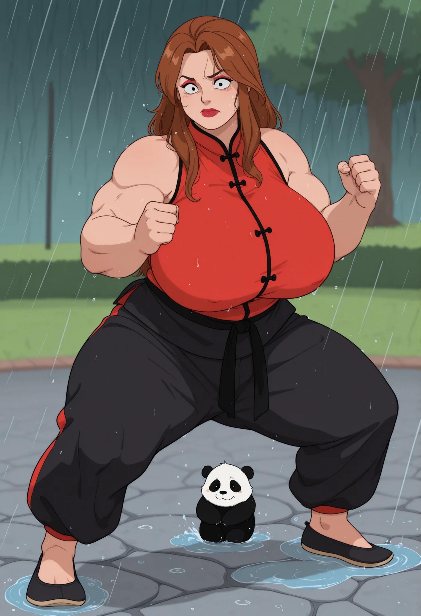 Debra, huge saggy . Pale red lipstick, brown hair,black eyes, pale red makeup, long hair, thick , chubby, overweight, mature woman. | top quality , masterpiece , Ultra High Resolution ((1girl)) , , ((80s 90s anime style)) , ((sharp eyed)) , ((confident expression)) , ((martial artist)) , ((kung fu style)) , ((athletic build)) ((Chinese style sleeveless shirt)) , ((Red jacket)) , ((mandarin color)) , ((black cloth kung fu pants)) , (( kung fu shoes)) , ((Muscular arms)) , ((Flexible Body)) ((giant panda)) , ((adorable pandas)), ((pandas and girls side by side)) , ((Pigs lined up)) , ((Park wet in the rain )) , ((Puddle)) , ((Chinese style park)) , ((Cobblestone)) , ((Raindrops)) , ((splash)) , ((Wet Ground)) ((action cartoon style)) , ((Moving Compositions)) , ((comical atmosphere)) , ((cartoon rain expression)) , ((water drop effect)) negative: , Realistic , Realistic , semi-real , with , 3DCG style, dark tone