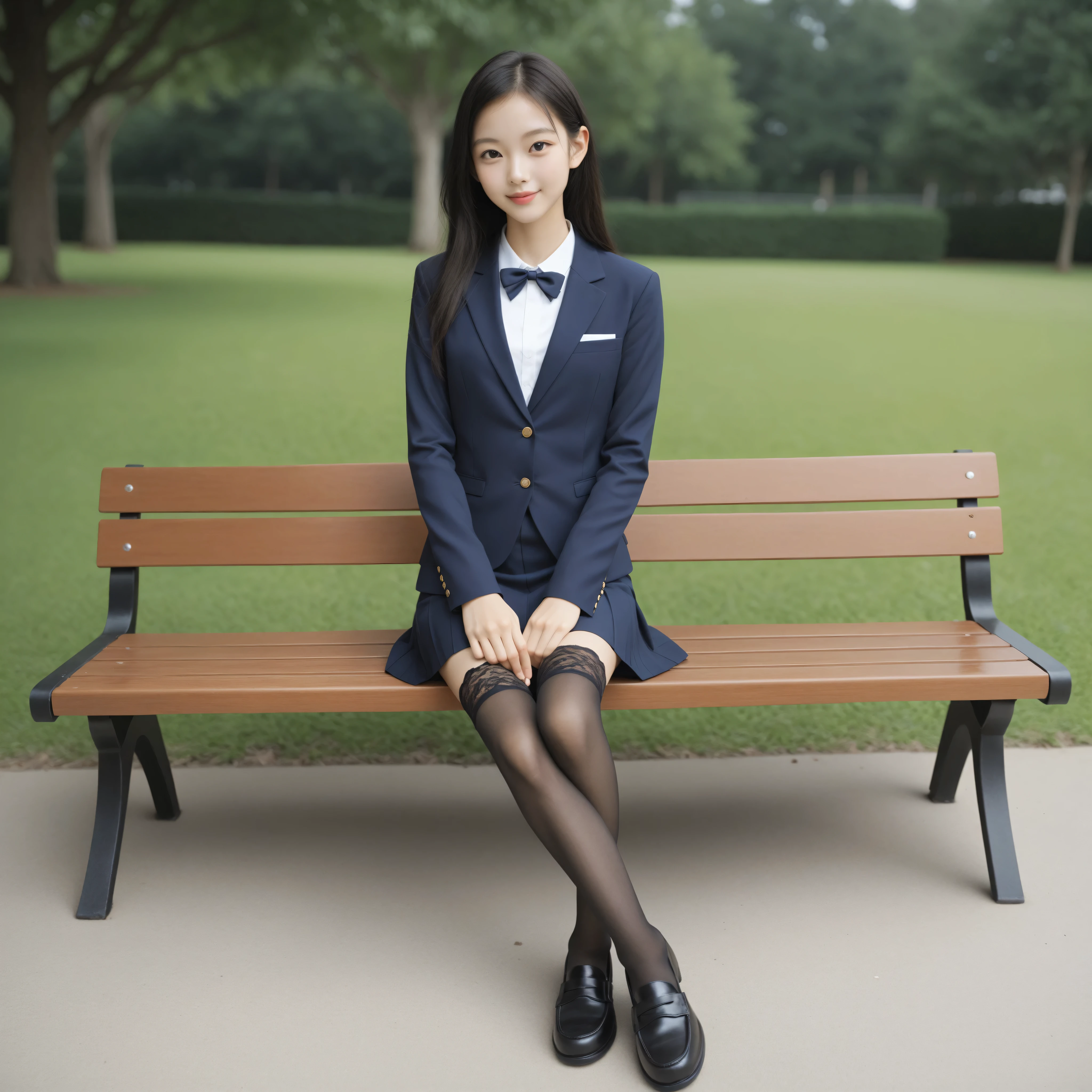 ((かわいいyounger女の子:1.2)),slender,Rating_Safety,short,(skinny:1.5),slender,slender body,younger,score_7_ up,score_8_ up,score_9,navy breetz skirt,realistic,and have clean arms and well-groomed fingers that can be seen from the front,shot from the ground,School Uniform,Small breasted,japanese,(white skin:1.0),(Smile Yang with her hair wrapped around her neck:0.7),thin legs,navy long sleeve blazer,Narrow Shoulder,she is sitting with her legs crossed,(black lace stockings that show the top of the slightly:1.4),Black Loafers