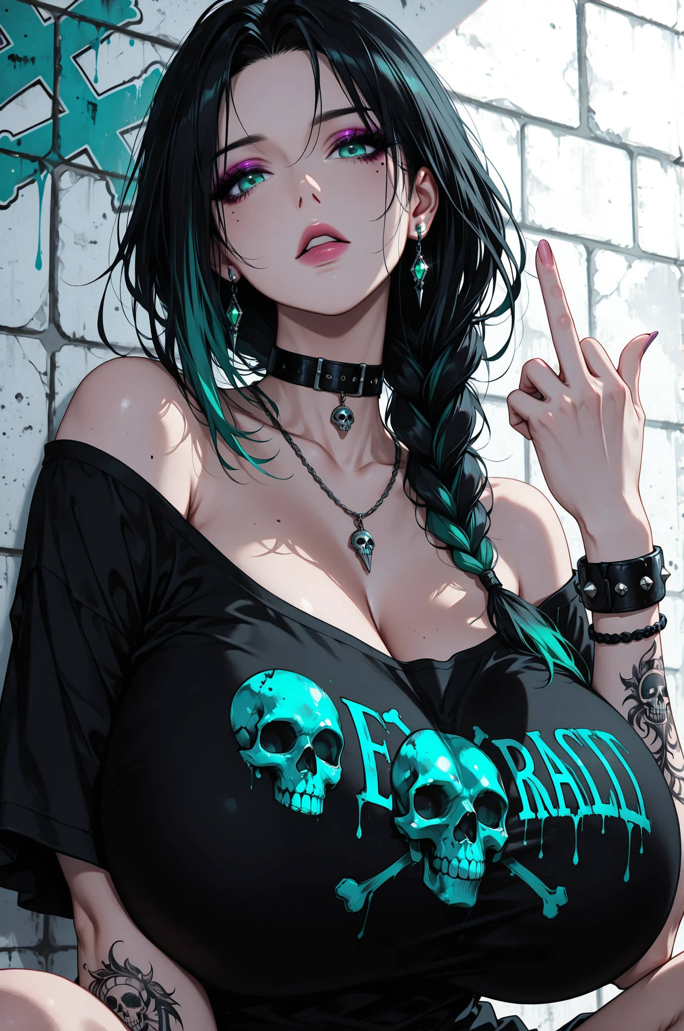 1girl, black hair, emerald eyes, long hair, braid, off shoulder, parted lips, multicolored hair, single braid, lips, bare shoulders, collar, makeup, earrings, shirt, choker, necklace, short sleeves, off-shoulder shirt, t-shirt, armlet, gigantic breasts, bracelet, looking at viewer, head tilt, sitting, middle finger up, mole, solo, upper body, print shirt, simple background, white background, clothes writing, jewelry, mole under eye, tattoo, graffiti, arm tattoo, black shirt, black choker, skull print, brick wall, braided ponytail, three quarter view, masterpiece, best quality, very aesthetic, absurdres