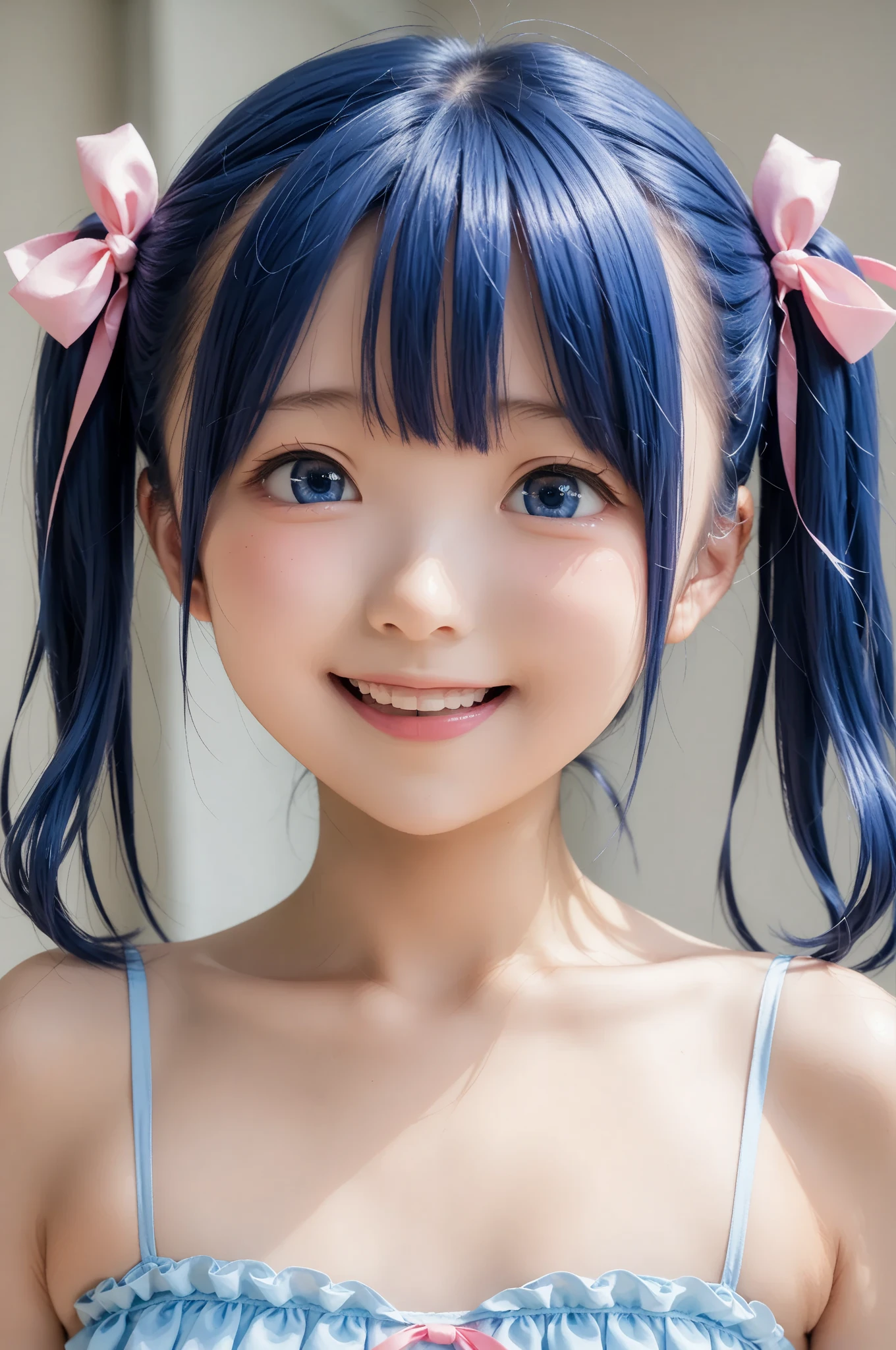 Loli anime girl My hero academy blue eyes smiling with two pigtails and a small horn on her head 