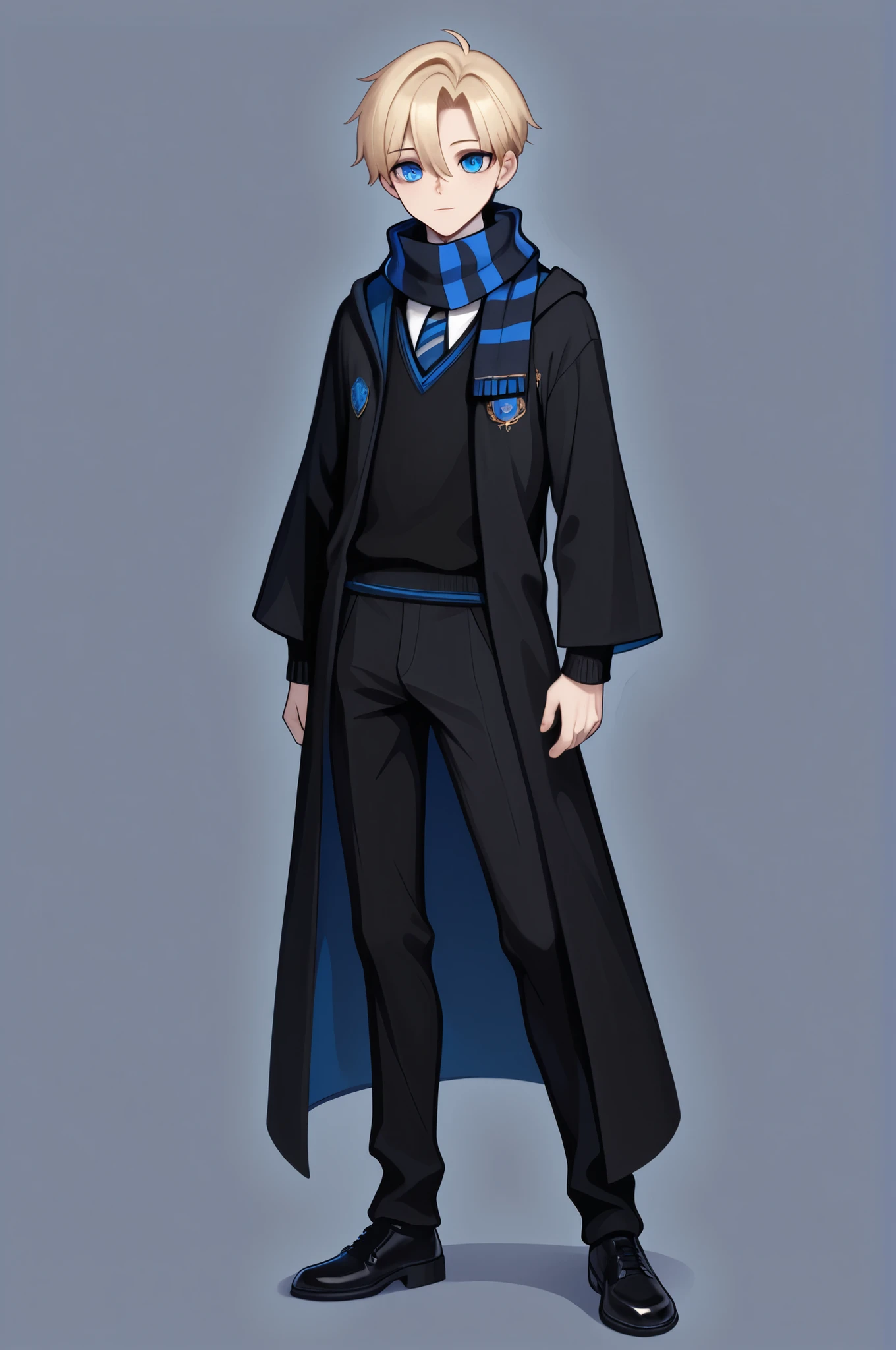 score_9, score_8_up, score_7_up, best quality, masterpiece, 4k resolution, 1boy, solo, youthful, full body, blonde hair, clean hair, tidy hair, neat hair, bangs, parted bangs, hair between eyes, short hair,  blue eyes, sharp eyes, looking at viewer, confident posture,  hogwarts uniform, ravenclaw, black robe, necktie, striped necktie, collared shirt, sweater, black pants, black sweater, dark blue scarf, wrapped scarf, black shoes, calm expression, cool expression, 