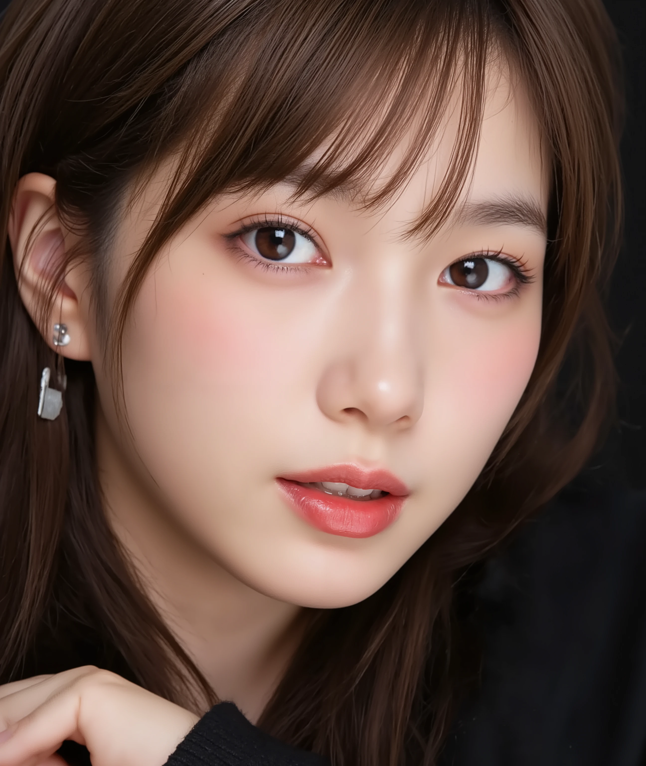 The image is a close-up photograph of a young Asian woman with a fair complexion. Her face dominates the frame, occupying the majority of the image, with her eyes, nose, and lips prominently visible. She has large, almond-shaped eyes with long, thick eyelashes, and her skin is smooth and soft. Her lips are full and slightly parted, revealing a natural, rosy hue. She wears a small silver stud earring in her left ear, adding a subtle touch of personal style.

Her hair is long, dark brown with subtle highlights, and it partially covers her forehead, giving a slightly tousled, casual look. The background is out of focus, but it appears to be a dark, possibly indoor setting, which emphasizes her face and provides a stark contrast to her light complexion. She is wearing a black garment, possibly a top or a sleeve, which is visible at the bottom of the image. The overall mood of the photograph is intimate and personal, capturing a candid moment with a natural, unfiltered aesthetic.