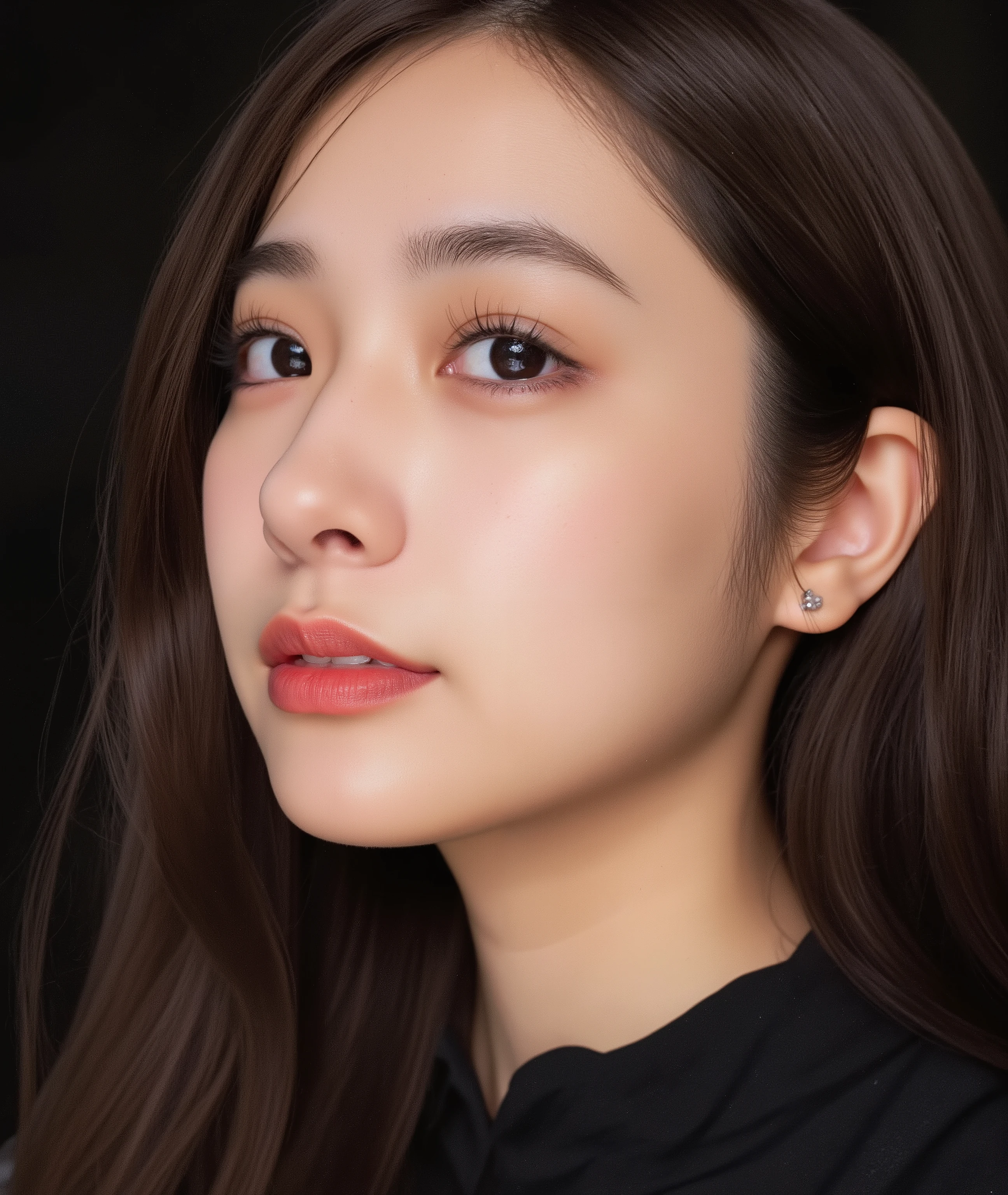 The image is a close-up photograph of a young Asian woman with a fair complexion. Her face dominates the frame, occupying the majority of the image, with her eyes, nose, and lips prominently visible. She has large, almond-shaped eyes with long, thick eyelashes, and her skin is smooth and soft. Her lips are full and slightly parted, revealing a natural, rosy hue. She wears a small silver stud earring in her left ear, adding a subtle touch of personal style.
Her hair is long, dark brown with subtle highlights, and it partially covers her forehead, giving a slightly tousled, casual look. The background is out of focus, but it appears to be a dark, possibly indoor setting, which emphasizes her face and provides a stark contrast to her light complexion. She is wearing a black garment, possibly a top or a sleeve, which is visible at the bottom of the image. The overall mood of the photograph is intimate and personal, capturing a candid moment with a natural, unfiltered aesthetic.