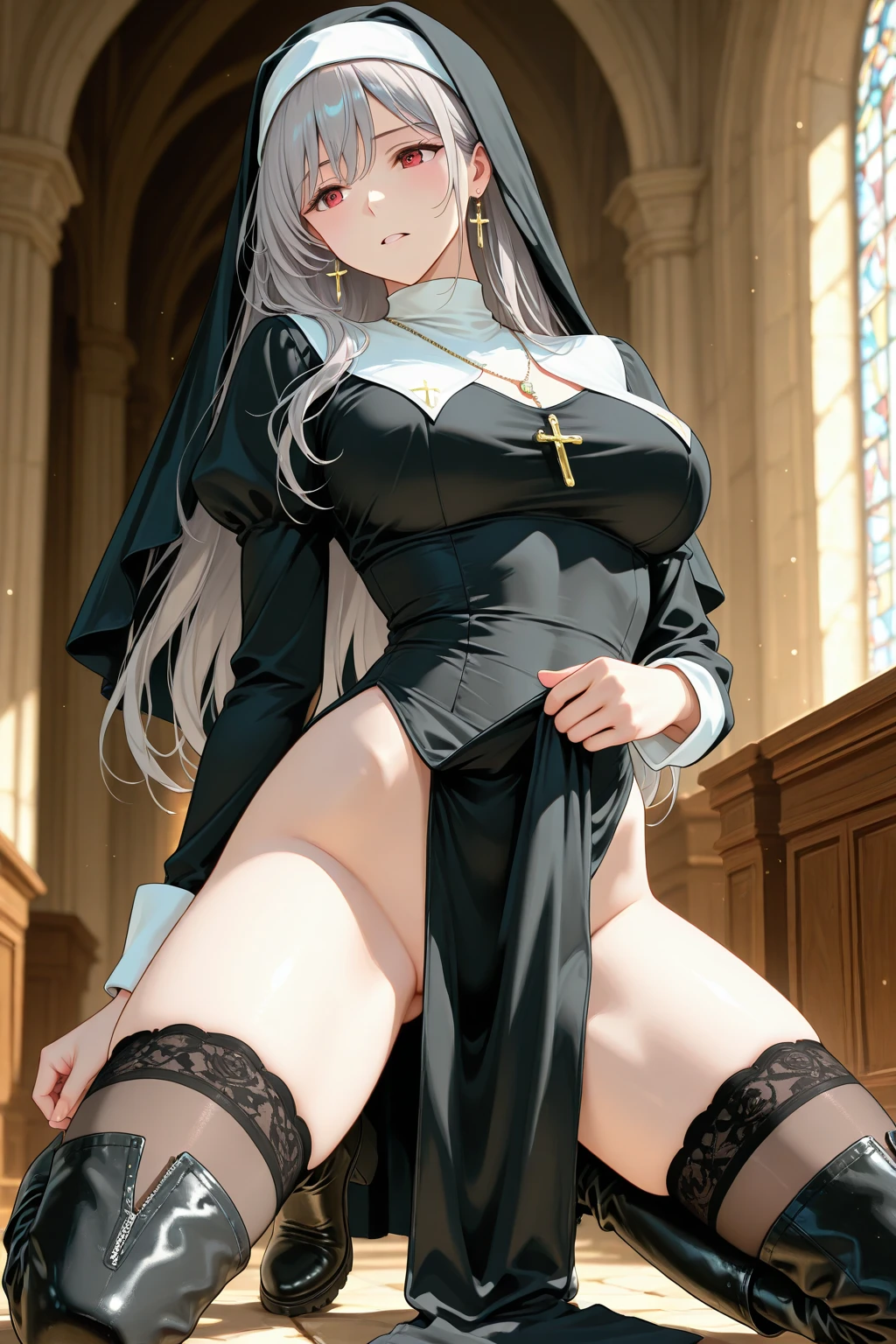 1girl, milf,dark skin,white hair,white stocking,lingerie,nun