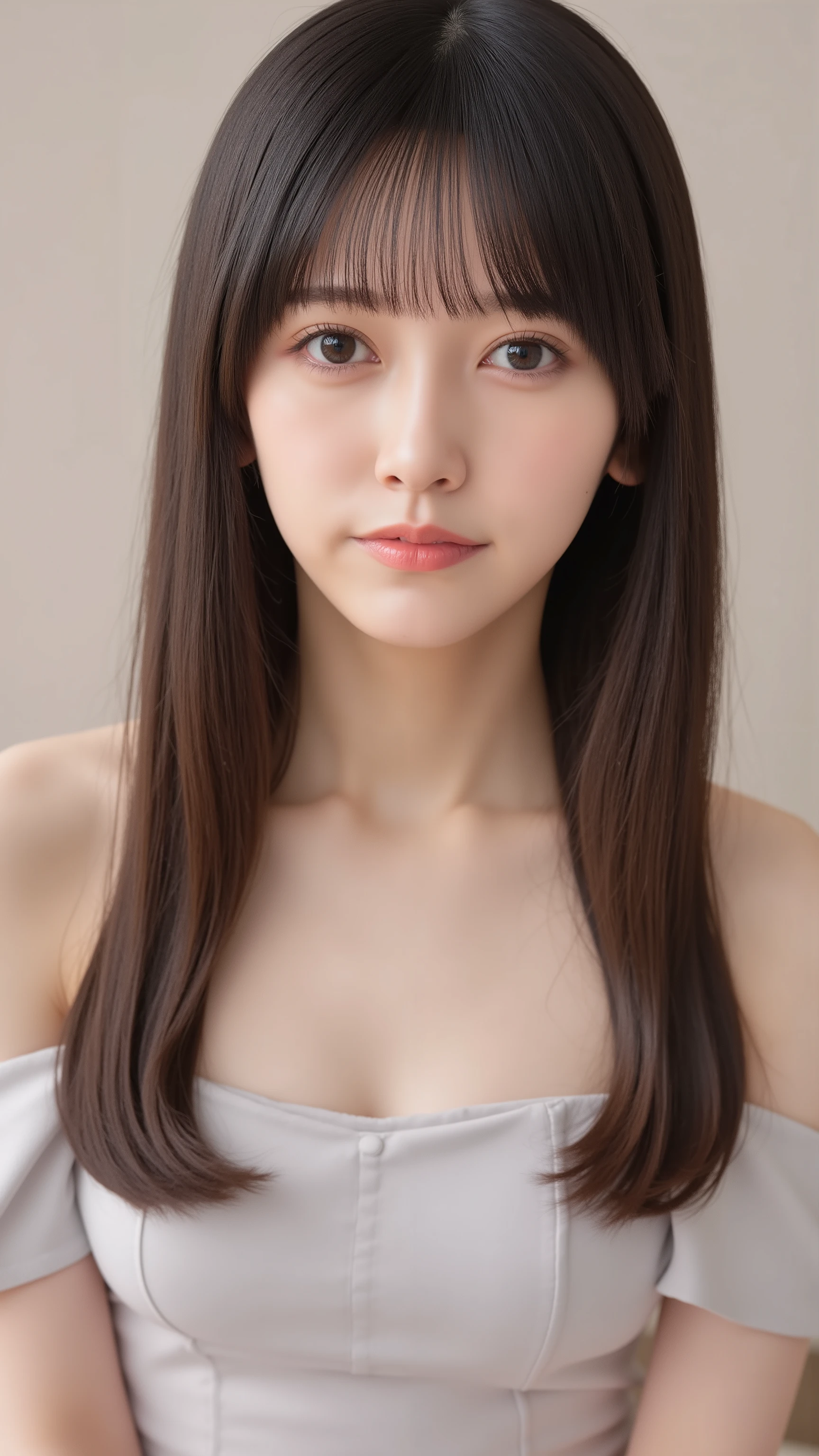 A Japanese idol beauty,Half-length portrait,with long, straight, light brown hair with air bangs, off-the-shoulder bandeau ,Sitting,Standard sitting posture,frontal view,Frontal shot,exquisite makeup