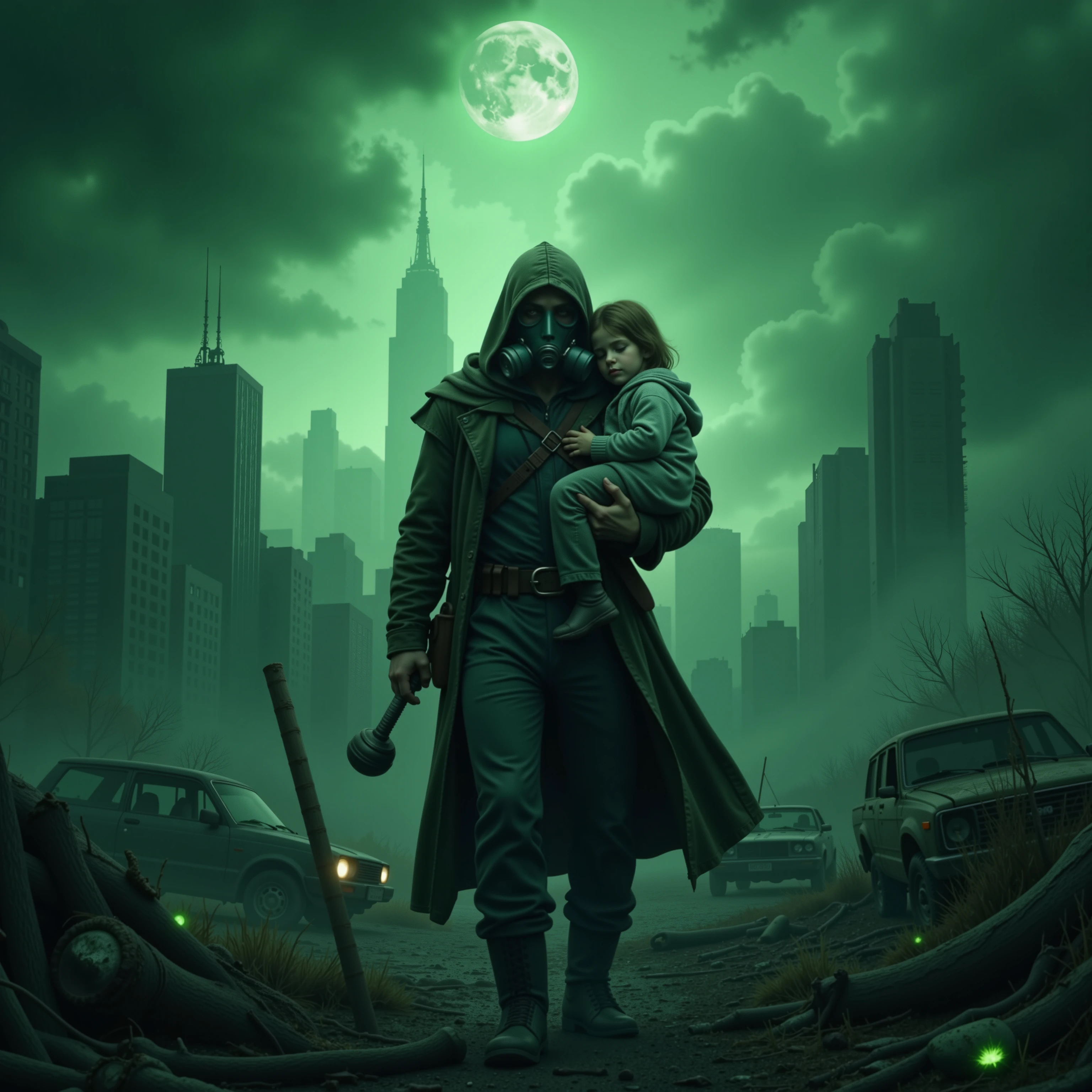 (masterpiece, best quality, ultra detailed, 8k, cinematic), a lone survivor with a gas mask and tattered cloak carries a sleeping child through the toxic ruins of a once-great city. They are fleeing from eerie glowing mist that consumes everything. The child clutches a strange, glowing artifact.

Setting: post-apocalyptic urban wasteland, broken skyscrapers, abandoned vehicles, strange glowing flora, oppressive atmosphere.

Lighting: sickly green glow from the mist, cold moonlight breaking through toxic clouds, dramatic and desperate.